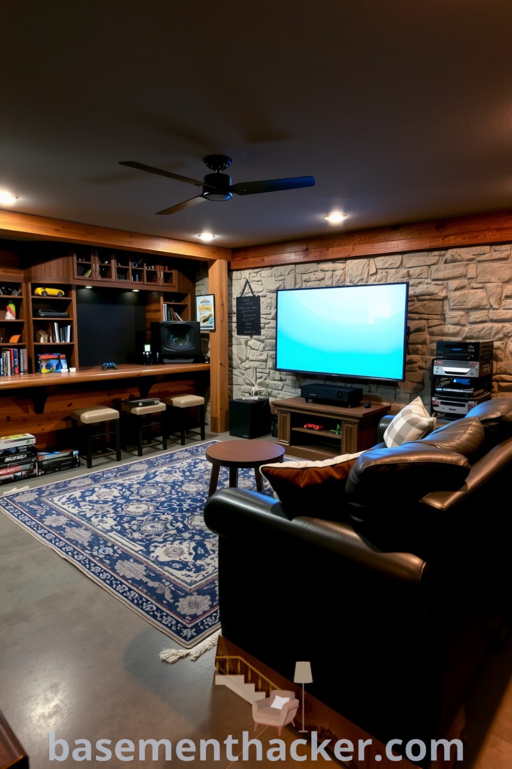 Inviting basement game room featuring a rustic wooden bar, plush leather couch, and dimmable lights for cozy evenings, highlighted on basementhacker.com.