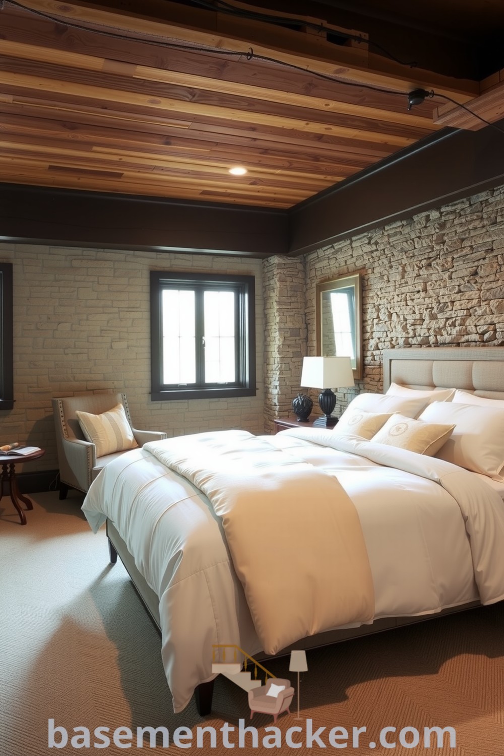 Serene master basement bedroom with a plush oversized bed, stone wall, frosted windows, and a cozy reading nook featuring a vintage lamp, designed for ultimate relaxation and comfort, showcased on basementhacker.com.