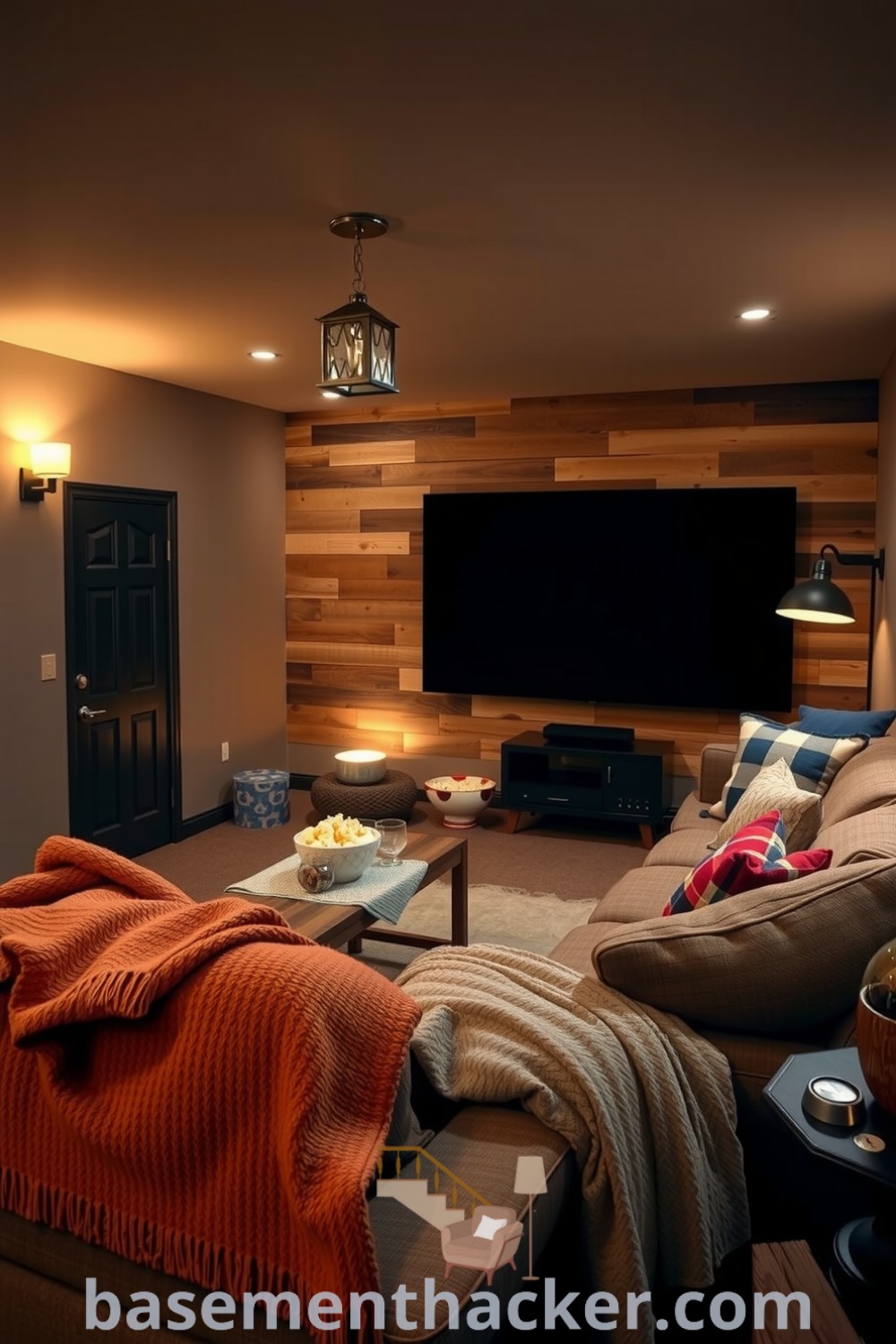 Inviting basement home cinema featuring an oversized couch, soft lighting, reclaimed wood accents, and cozy decor, ideal for movie nights and family gatherings, showcased on basementhacker.com.