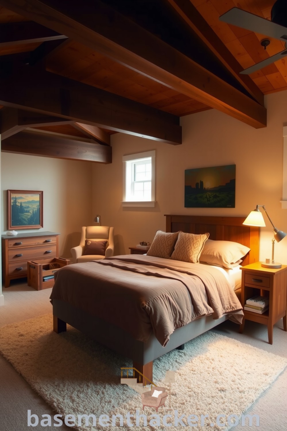 Warm and inviting master basement bedroom featuring exposed wooden beams, a sturdy bed with textured linens, a rustic dresser, a cozy reading nook, and ambient lighting for a stylish and functional home design, showcased on basementhacker.com.