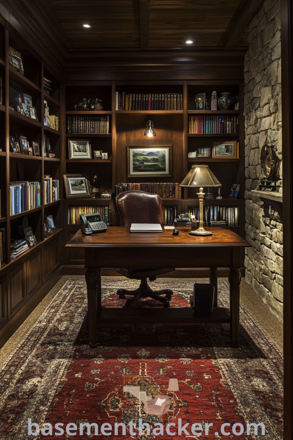 Cozy basement home office featuring dark wooden shelves, a mahogany desk, and warm artificial lighting, designed for a stylish and functional work environment, showcased on basementhacker.com.
