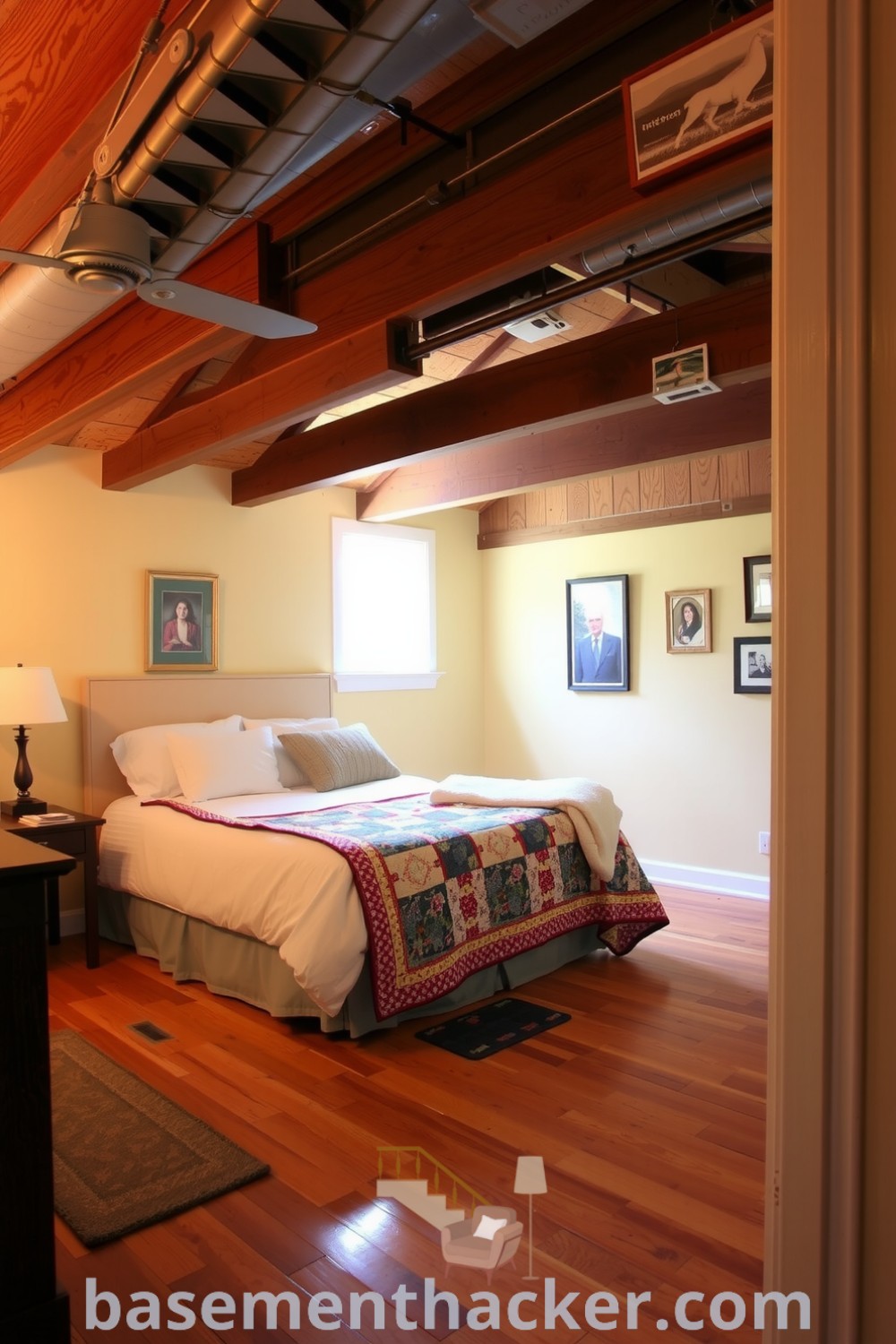 Inviting basement bedroom featuring exposed wooden beams, soft beige walls, oversized bed with a handmade quilt, and natural light filtering through a window, showcasing innovative ideas for designing a cozy and organized home on basementhacker.com.