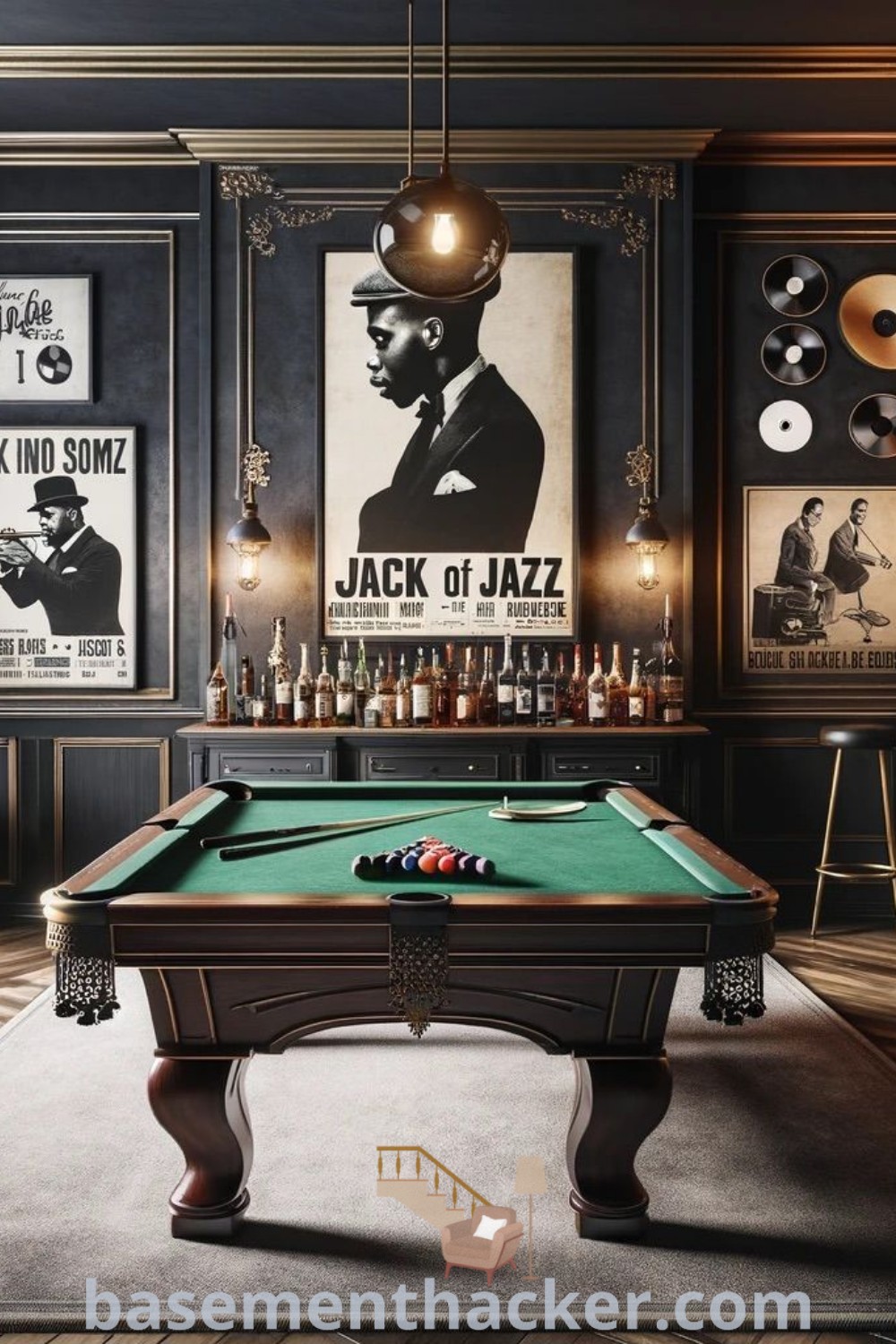 A stylish billiards room featuring a pool table and artwork on the walls, showcasing bar design ideas, dark academia home aesthetics, and innovative ideas for a cozy and organized home. Discover more design inspirations and basement makeover ideas at basementhacker.com.