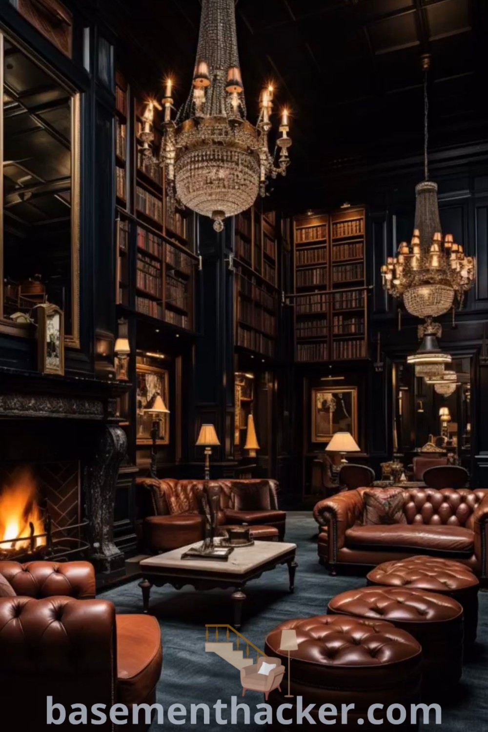 A large luxurious library room featuring elegant couches, tables, and chandeliers, perfect for a gentleman