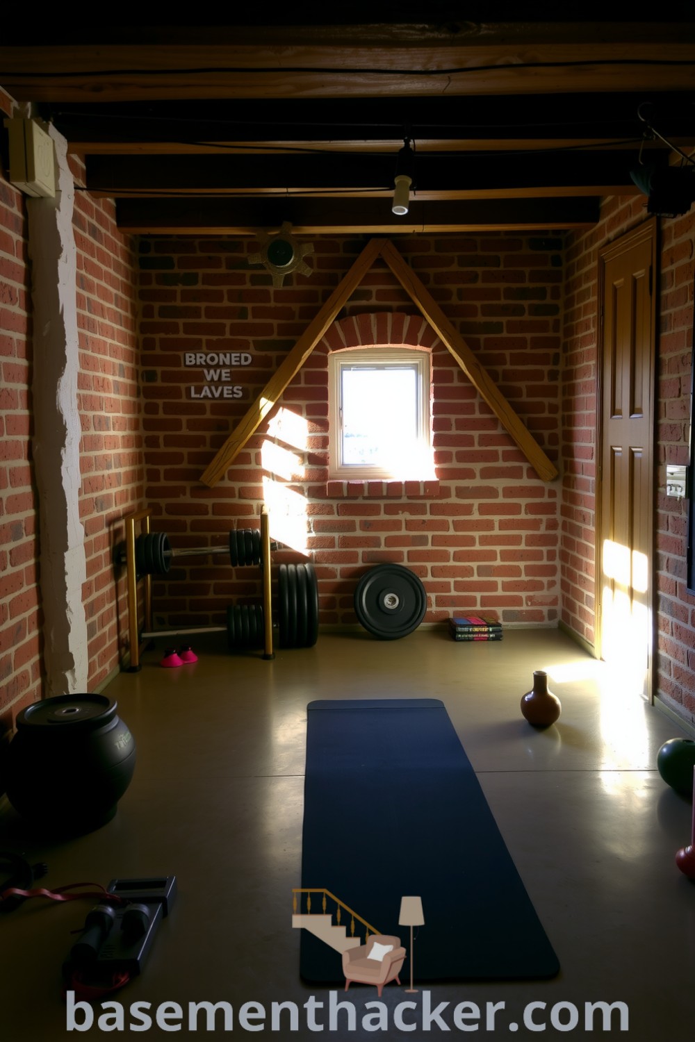 Welcoming basement gym with exposed brick walls, wooden beams, weights on a rack, and a yoga mat on polished concrete, illuminated by natural light, providing innovative ideas for a stylish and functional home design, featured on basementhacker.com.