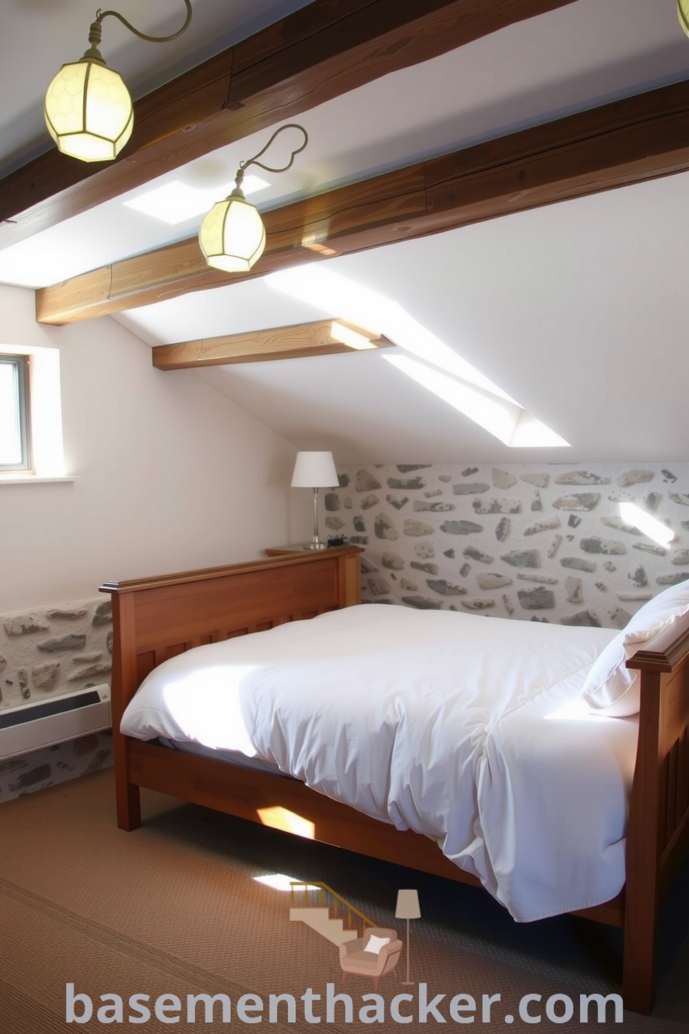 Cozy guest basement bedroom with a wooden bed frame, soft linens, and rustic beams, featuring a window that lets in sunlight, showcased on basementhacker.com.