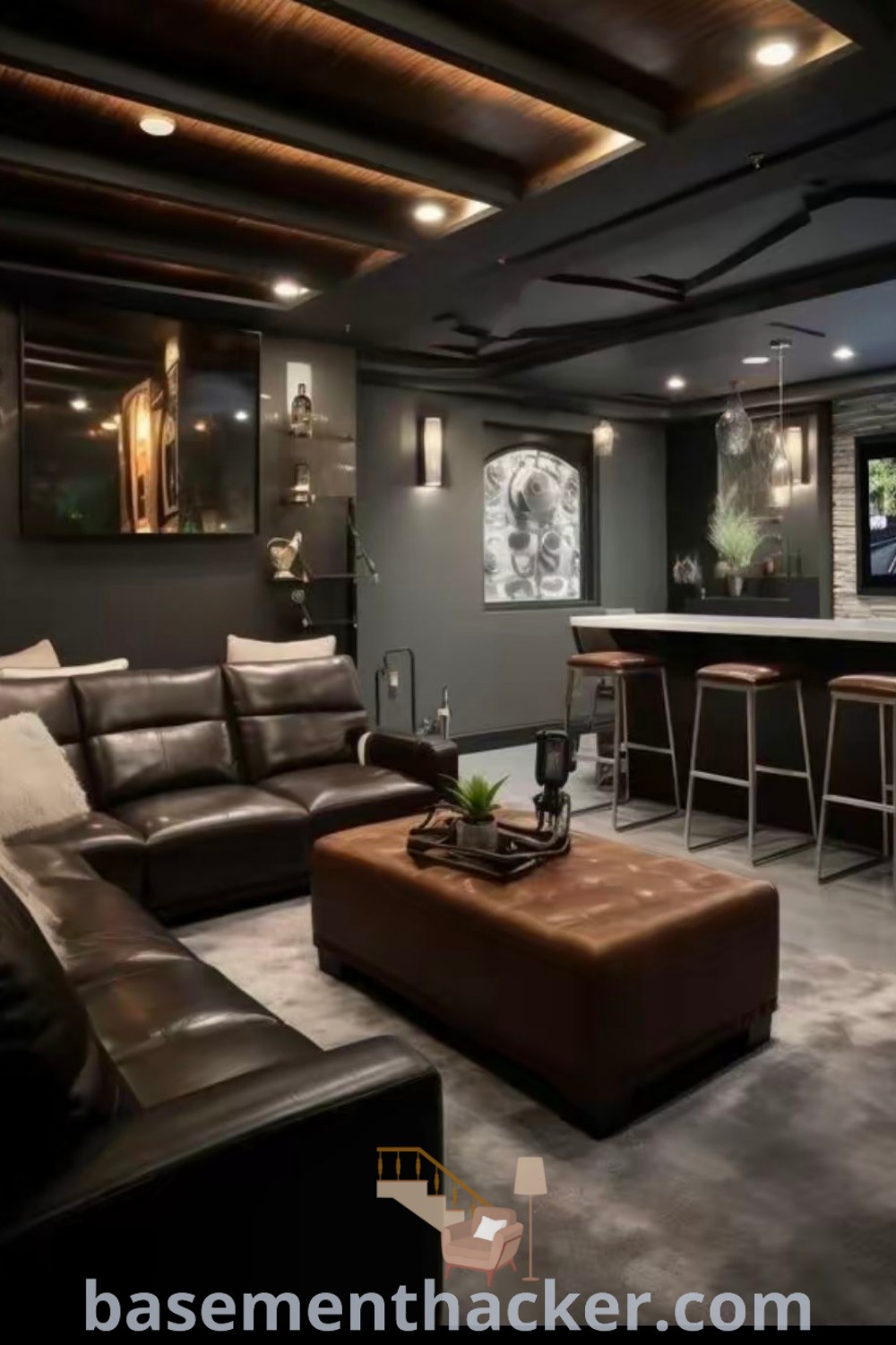 A living room featuring an industrial modern basement bar with stylish furniture amidst dark cozy elements. This design exemplifies innovative basement makeover ideas, perfect for ultimate entertaining. Discover more attractive basement design ideas at basementhacker.com.