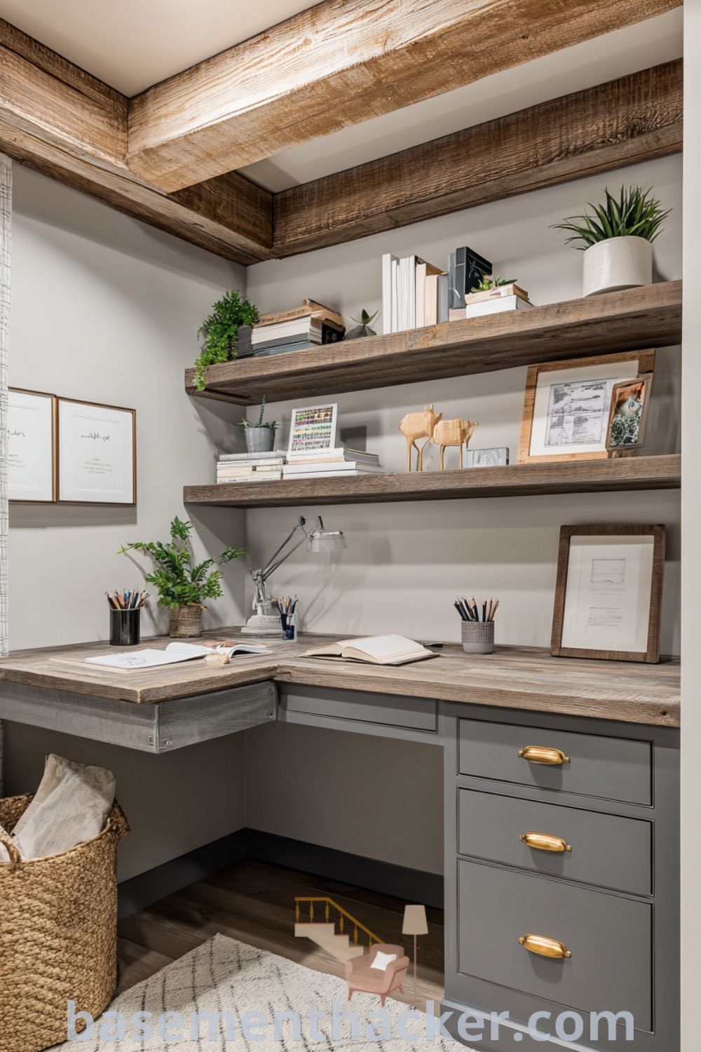 Innovative basement office design featuring a cozy retreat with soft gray walls, reclaimed wood desk, ceiling window, plants, and books, offering stylish ideas for a functional and organized home, found on basementhacker.com.