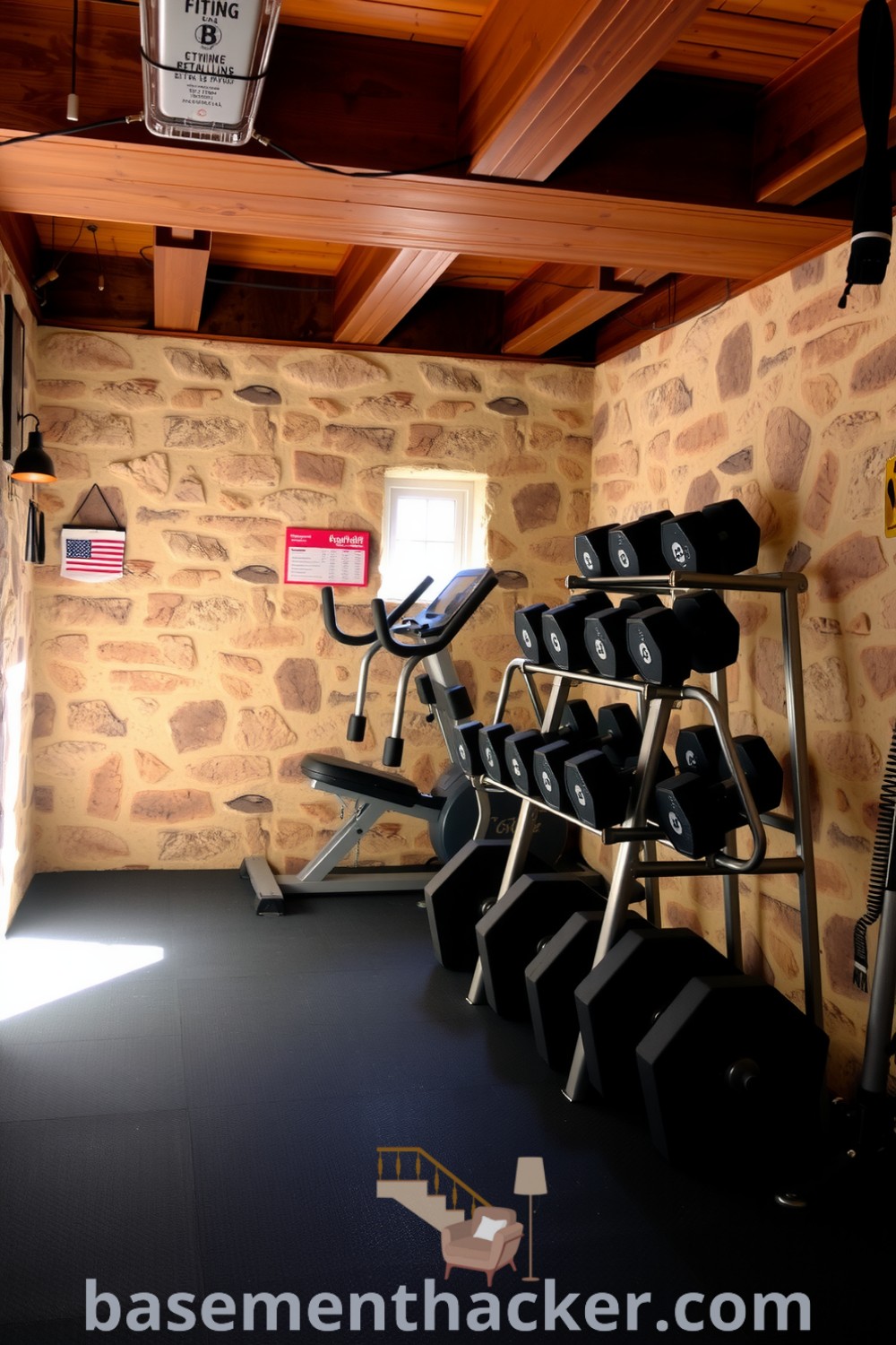 Inviting basement gym with exposed stone walls, wooden beams, free weights, and cardio machines, designed for workout comfort and rejuvenation, featured on basementhacker.com.