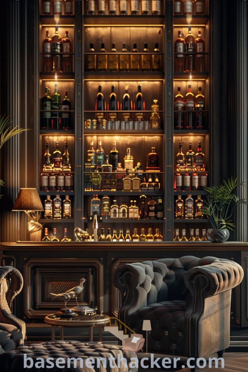 A stylish bar and lounge interior featuring a full array of liquor bottles and comfortable seating, exemplifying luxury bar interior design. Ideal for ultimate entertaining, this space includes innovative ideas for designing a moody bourbon room. For more design insights, visit basementhacker.com.