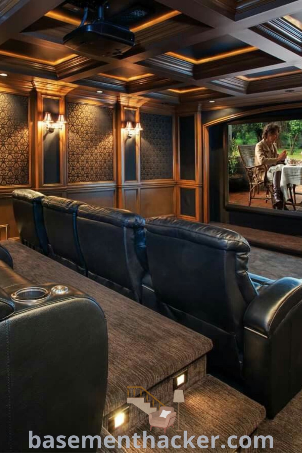 A luxurious home theater with leather seats and a movie screen showing two people enjoying a film, exemplifying stylish bonus room design ideas for families. This setup showcases innovative ideas for designing a cozy and organized home, perfect for ultimate entertaining. Visit basementhacker.com for remodeling tips.