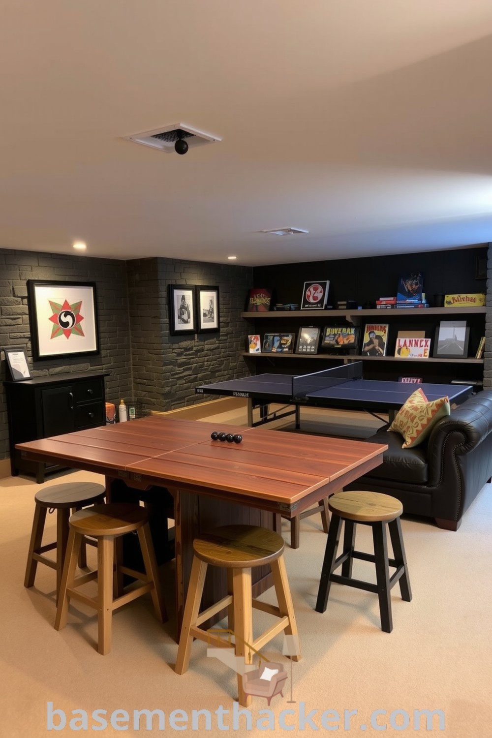Cozy basement game room with a rustic wooden bar table, mismatched stools, warm lighting, leather sofa, ping pong table, and board games for innovative basement makeover ideas and stylish bonus room design ideas for families on basementhacker.com.
