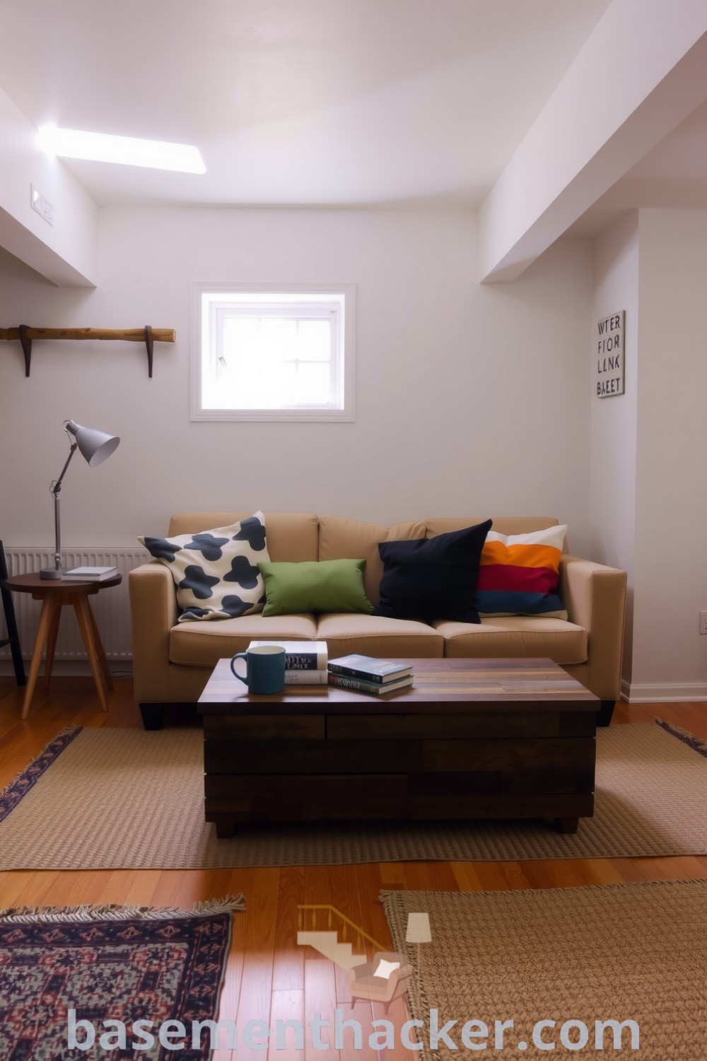 Cozy basement living room featuring a plush faded sofa, colorful throw pillows, a rustic coffee table with books and a steaming mug, and textured woven rugs, designed for ultimate entertaining, showcased on basementhacker.com.