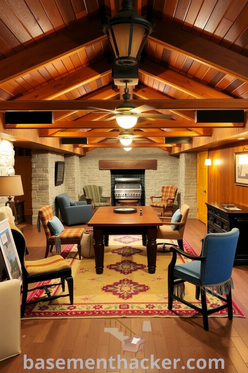 Rustic basement game room with wooden beams, mismatched chairs, and a cozy table, perfect for board games and card nights, featuring warm lighting and a comforting rug, showcased on basementhacker.com.