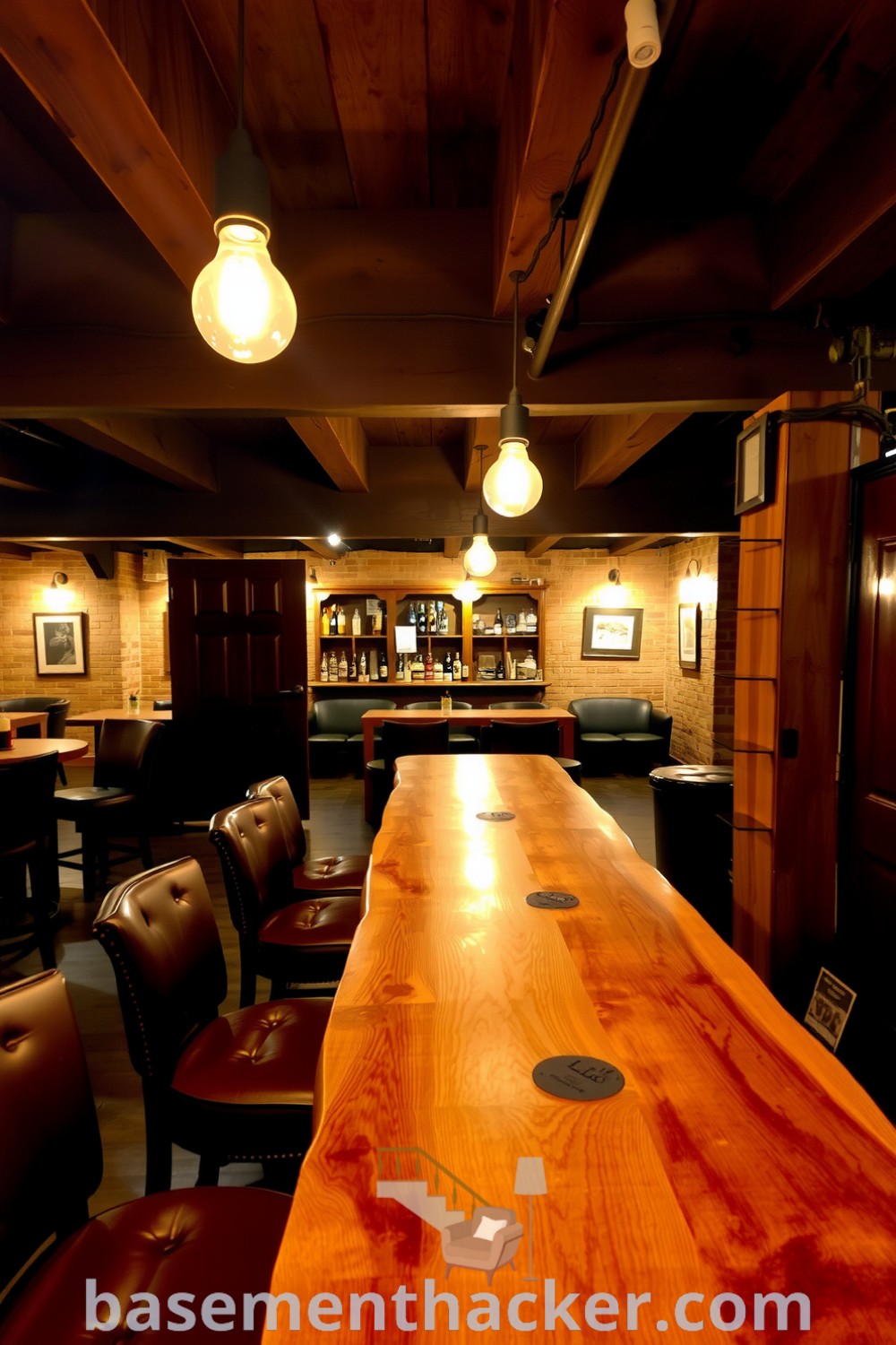 Rustic basement whiskey lounge featuring reclaimed oak bar, mismatched leather chairs, ambient vintage lighting, and wooden beams for cozy atmosphere, perfect for ultimate entertaining, showcased on basementhacker.com.