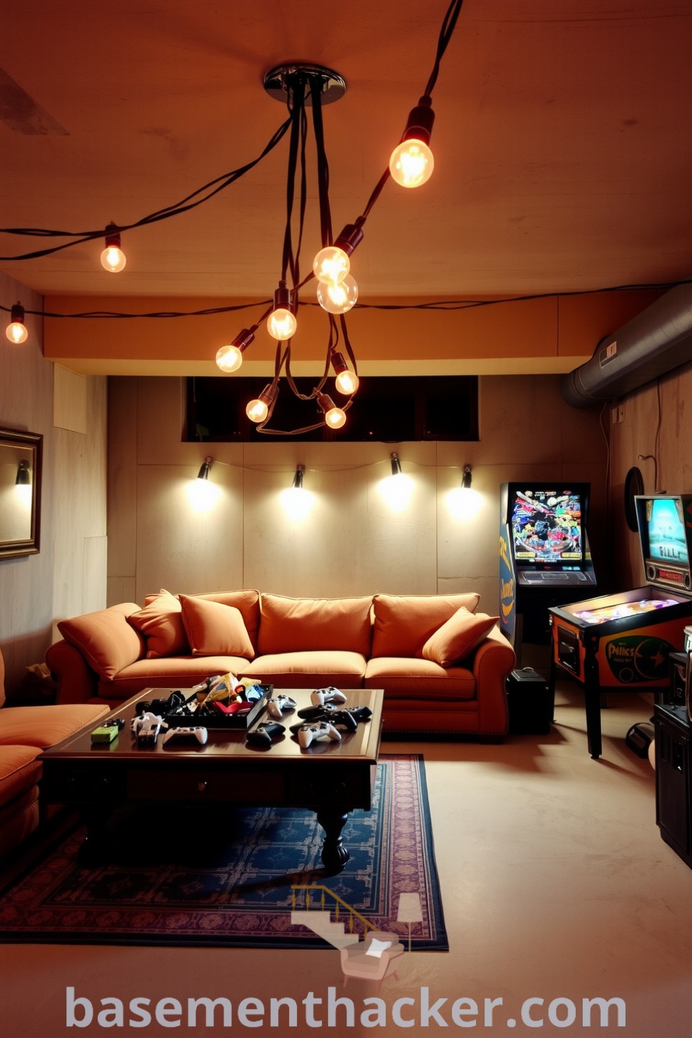 Inviting basement lounge featuring a plush sofa, string lights, concrete walls, wooden coffee table with game controllers, and a vintage pinball machine, showcased on basementhacker.com.
