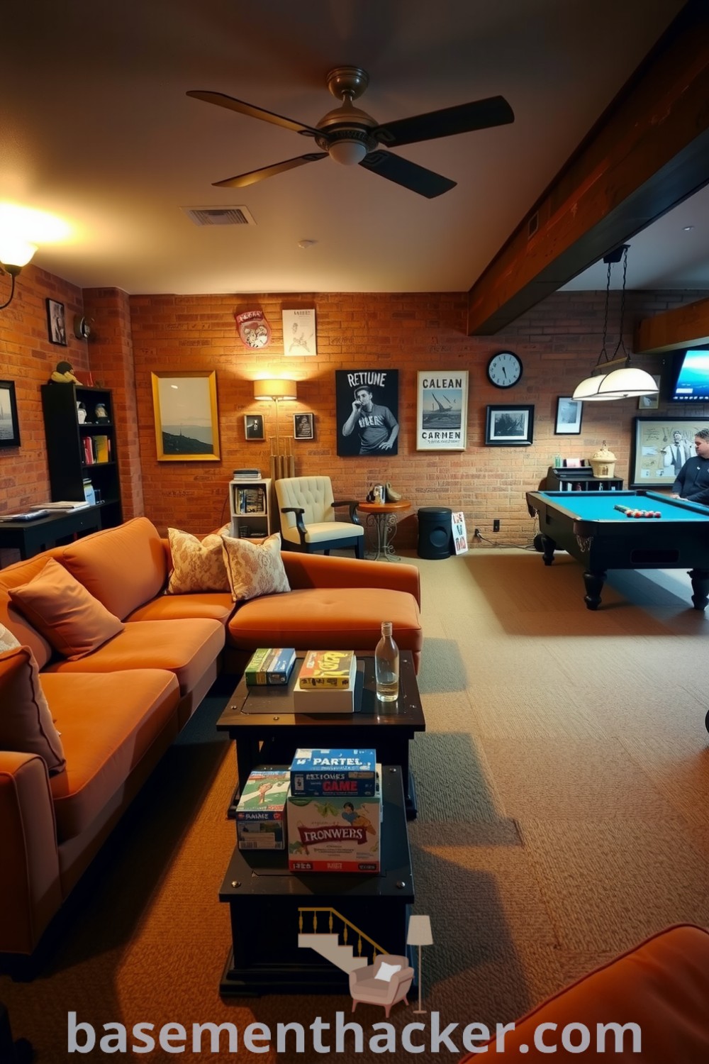 Inviting basement game room featuring a warm sectional, rustic coffee table, and pool table, designed for ultimate entertaining and cozy family gatherings, displayed on basementhacker.com.