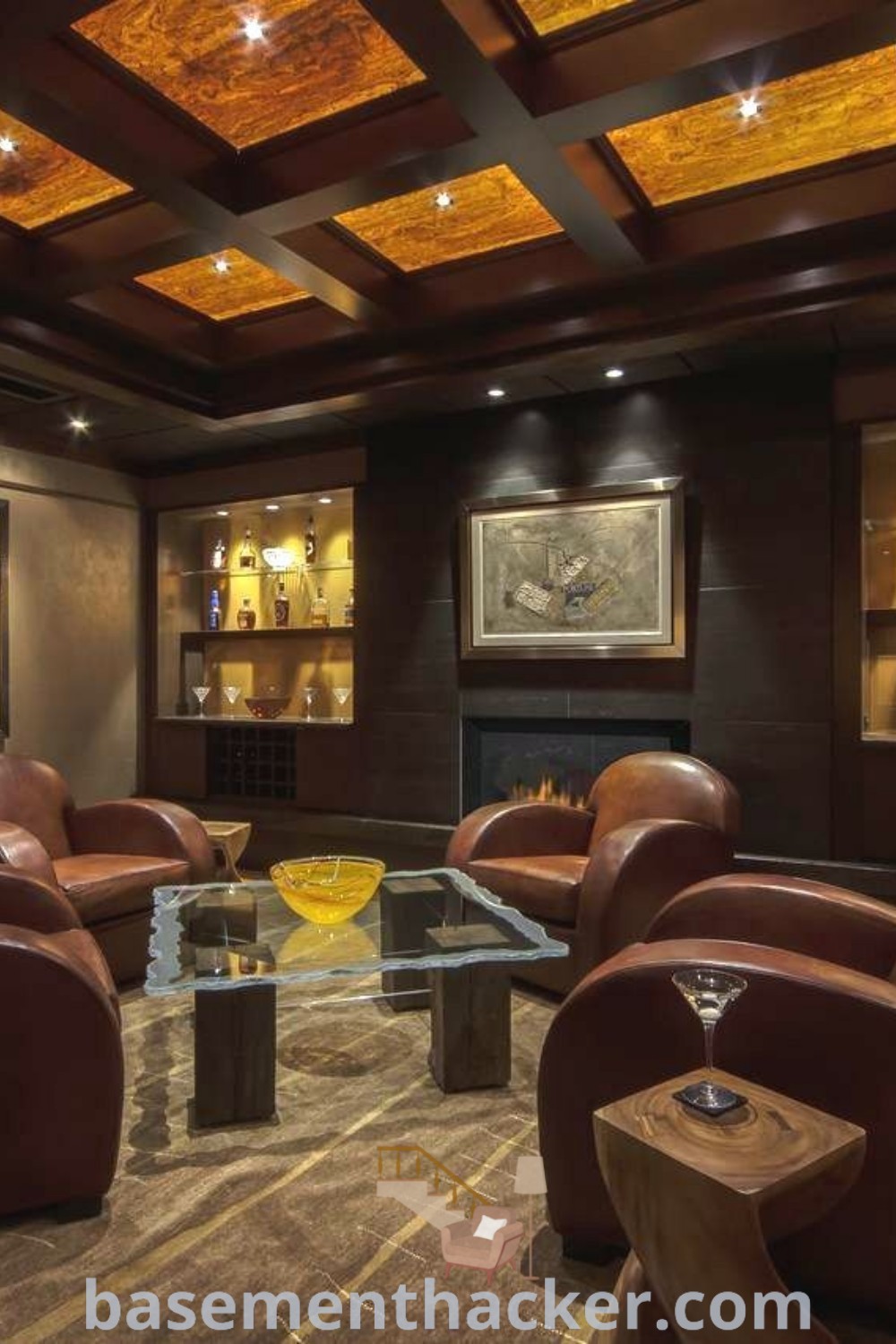 A stylish whiskey tasting room featuring two brown chairs and a glass table, filled with wine bottles, ideal for innovative basement makeover ideas. Perfect for bourbon lounges or gentlemen
