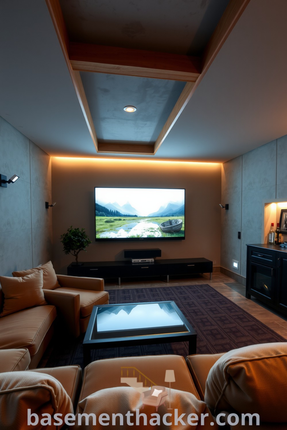 Innovative basement lounge featuring warm wooden beams, modern concrete walls, a plush sofa, sleek glass coffee table, integrated nature scene screen, and a compact bar, perfect for a stylish and functional home design showcased on basementhacker.com.