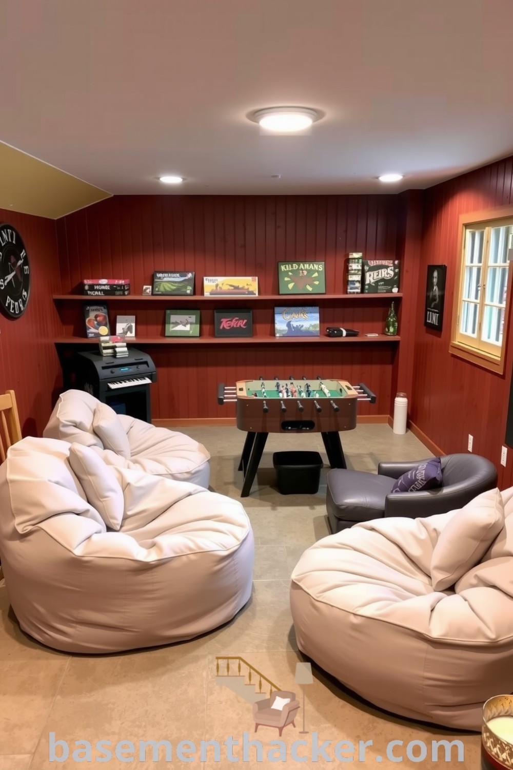 Inviting basement game room featuring warm wooden paneling, oversized bean bags, a vintage foosball table, and shelves of board games, illuminated by soft lighting for a cozy atmosphere, presented on basementhacker.com.