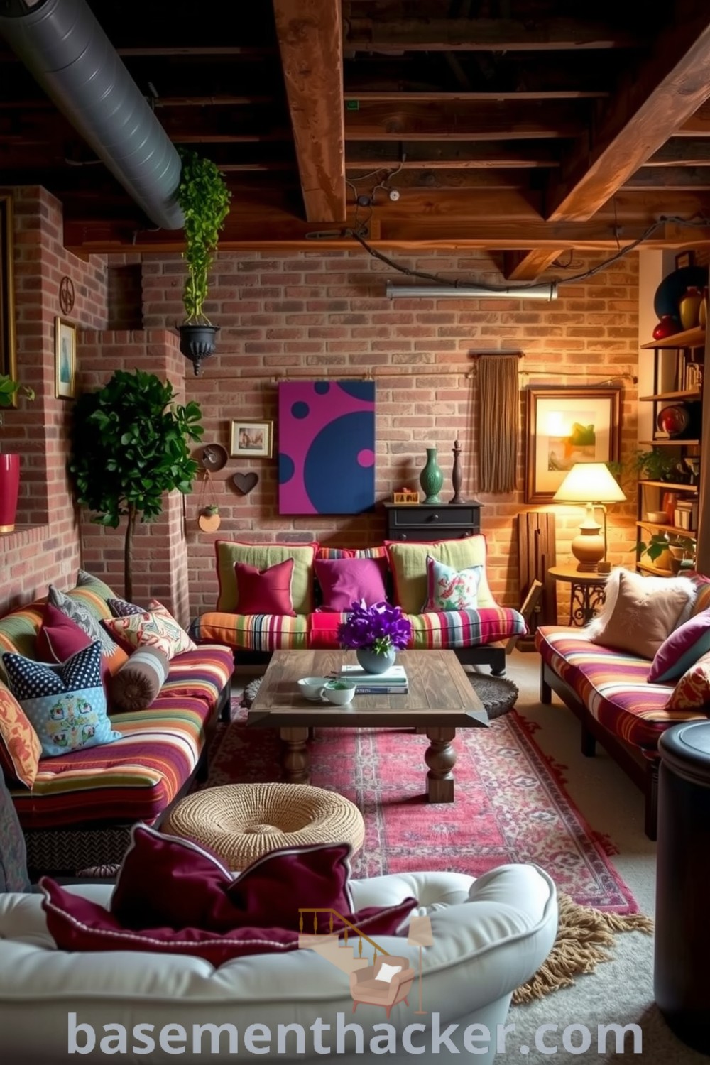 Cozy and colorful bohemian basement living room featuring an oversized couch with mismatched pillows, exposed brick walls, eclectic art, and warm lighting, perfect for gatherings and innovative ideas for designing a stylish bonus space, featured on basementhacker.com.