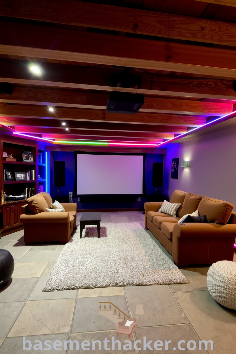 Elegant basement home theater featuring a plush couch, projector screen, wooden beams, and LED lighting, designed for cozy movie nights and gatherings, detailed on basementhacker.com.