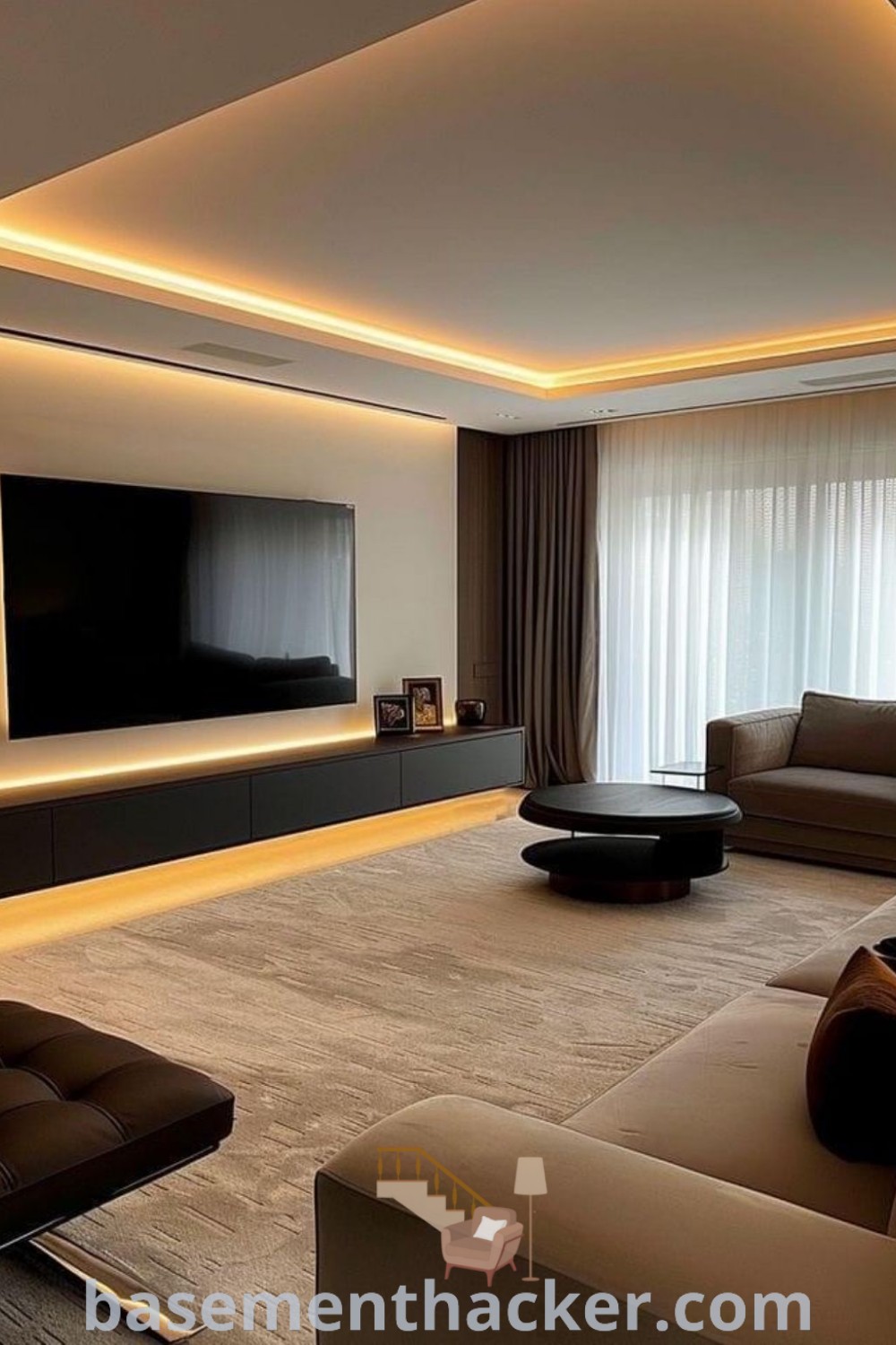 A modern living room with couches and a flat-screen TV mounted on the wall, showcasing innovative home designs for stylish and functional living spaces. Perfect for family gatherings and cozy evenings, this design exemplifies the latest ideas from basementhacker.com.