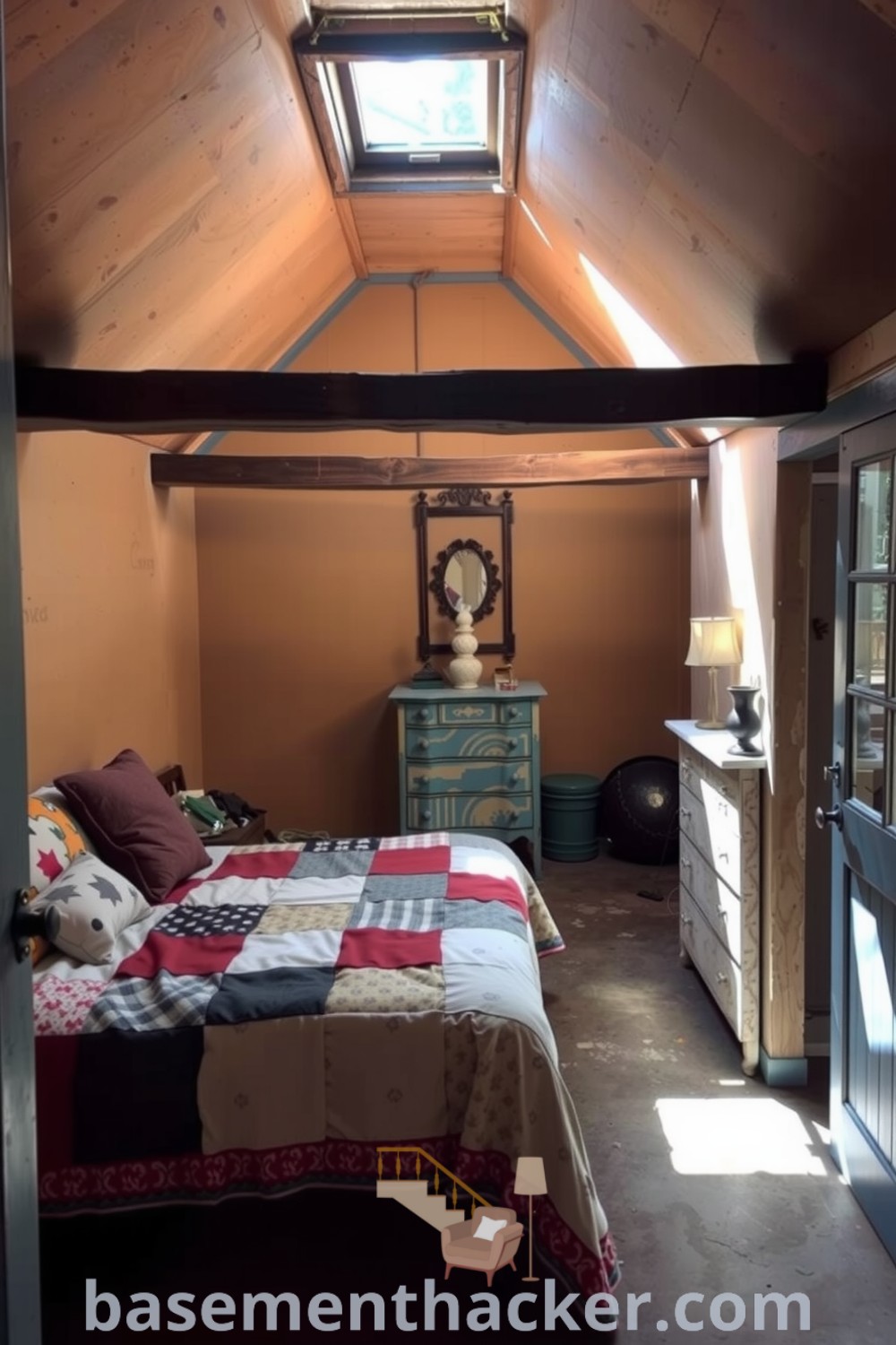 Cozy basement bedroom with exposed wooden beams, earthy-toned walls, a full-size bed with mismatched quilts, and a vintage dresser, creating an inviting retreat ideal for relaxation, featured on basementhacker.com.