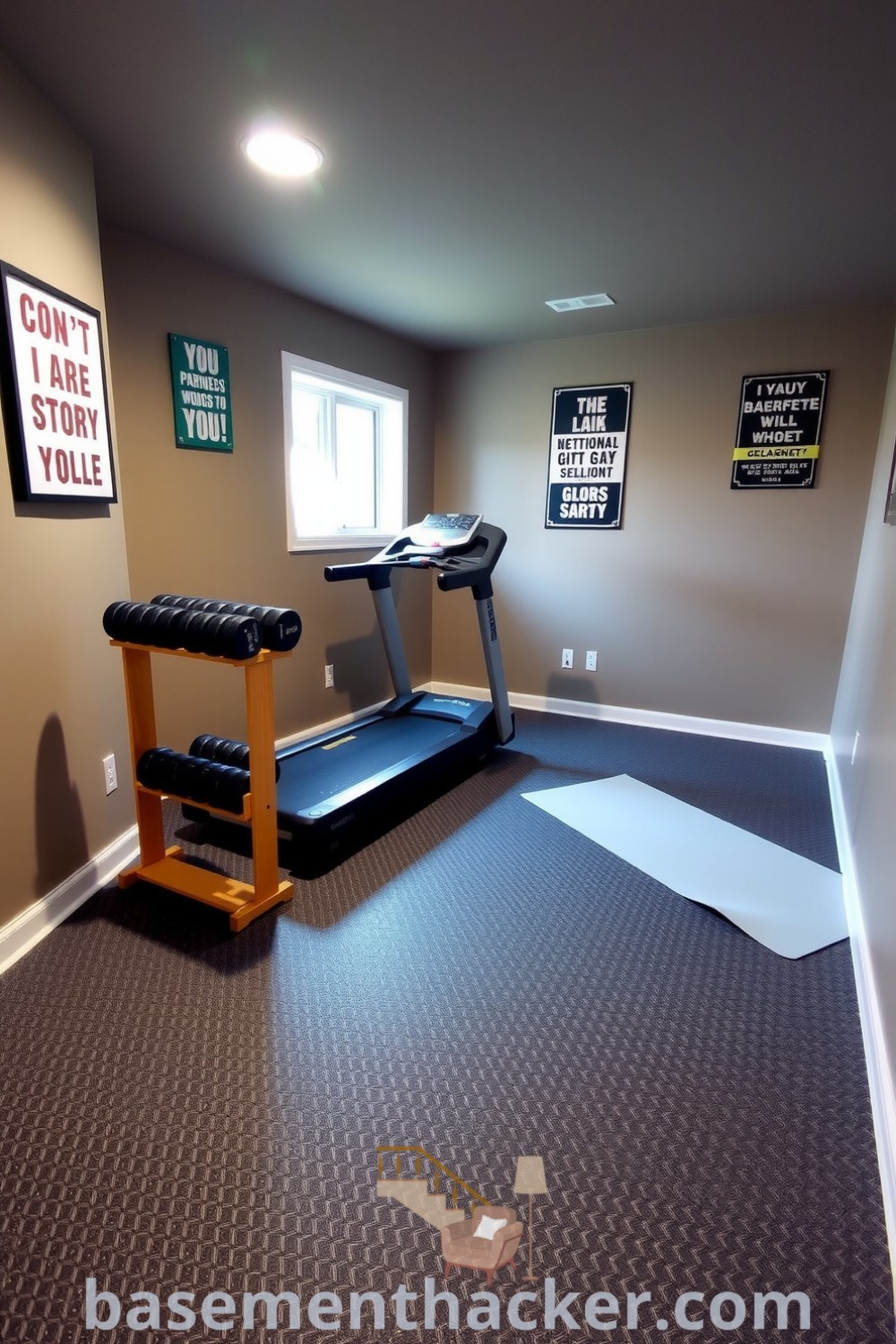 Cozy and organized basement gym with rubber flooring, free weights on a wooden rack, a treadmill, and a yoga mat, blending functionality and warmth for ultimate fitness ideas on basementhacker.com.