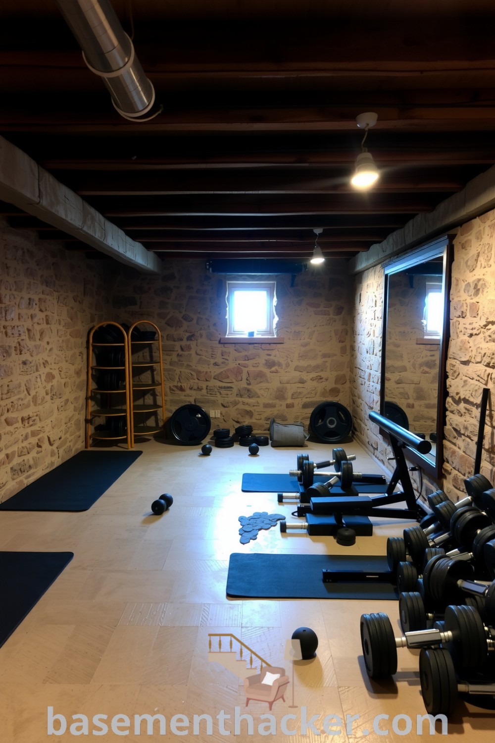 Rustic basement gym featuring exposed wooden beams, stone walls, polished concrete flooring, exercise mats, a weight bench, and dumbbells, designed for a stylish and functional home, showcased on basementhacker.com.