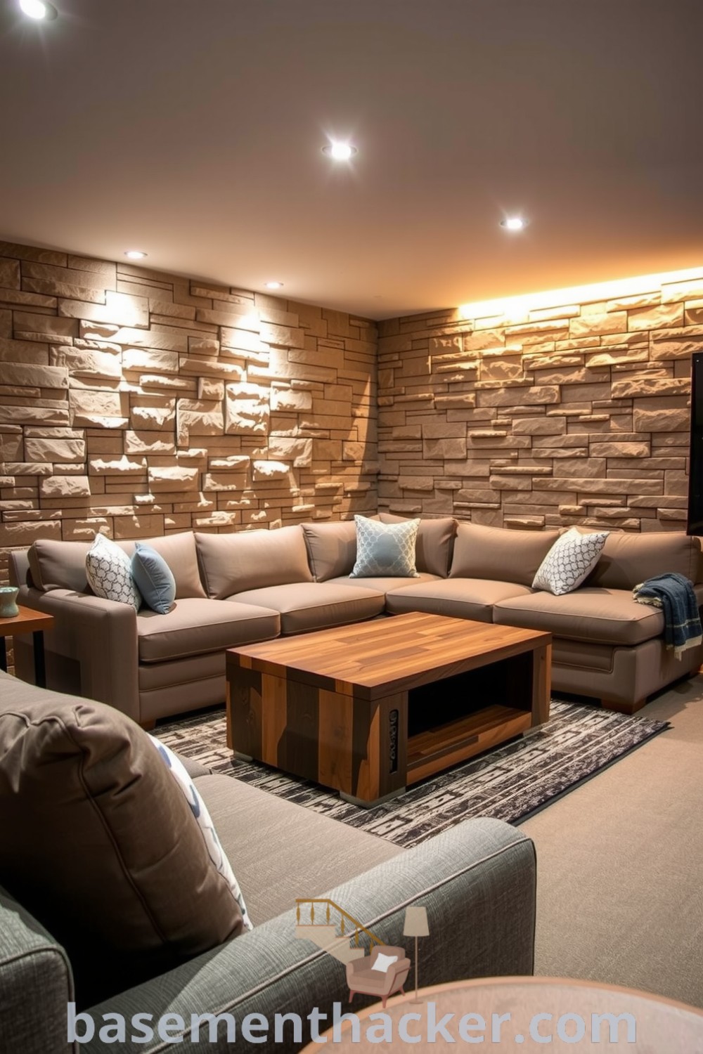 Cozy basement living room with a plush sofa, rough-hewn stone wall, LED lighting, and a reclaimed wood coffee table, designed for a stylish and functional home layout, featured on basementhacker.com.