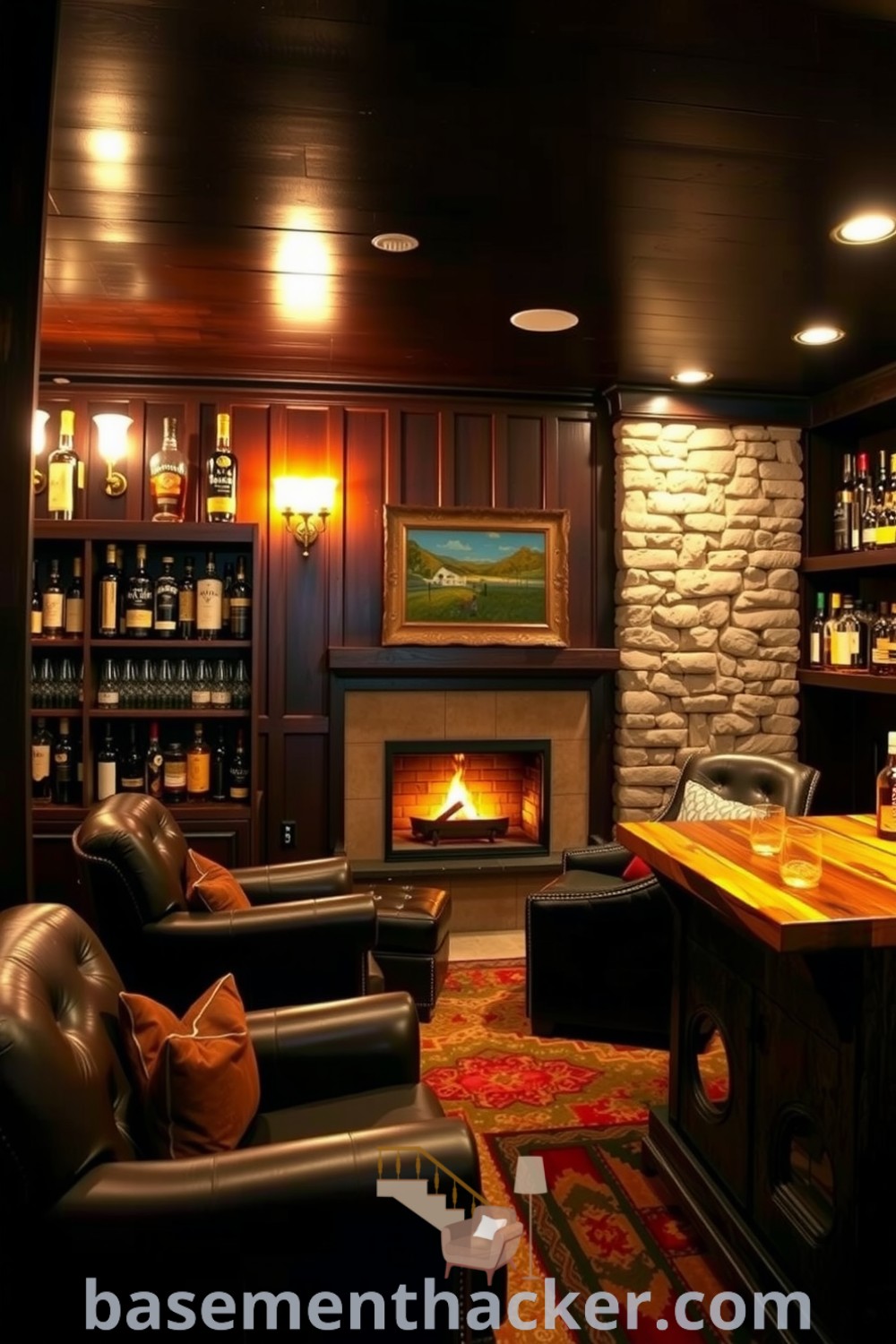 Inviting basement whiskey lounge featuring dark wood paneling, leather armchairs, and a reclaimed wood bar top, enhanced by ambient lighting and a fireplace, ideal for ultimate entertaining, showcased on basementhacker.com.