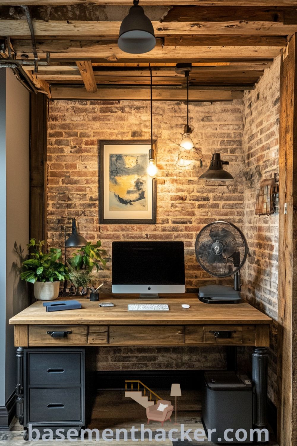 Warm loft-style basement office featuring a wooden desk, soft pendant lighting, and exposed brick walls with rustic charm, ideal for a stylish and functional home design, showcased on basementhacker.com.