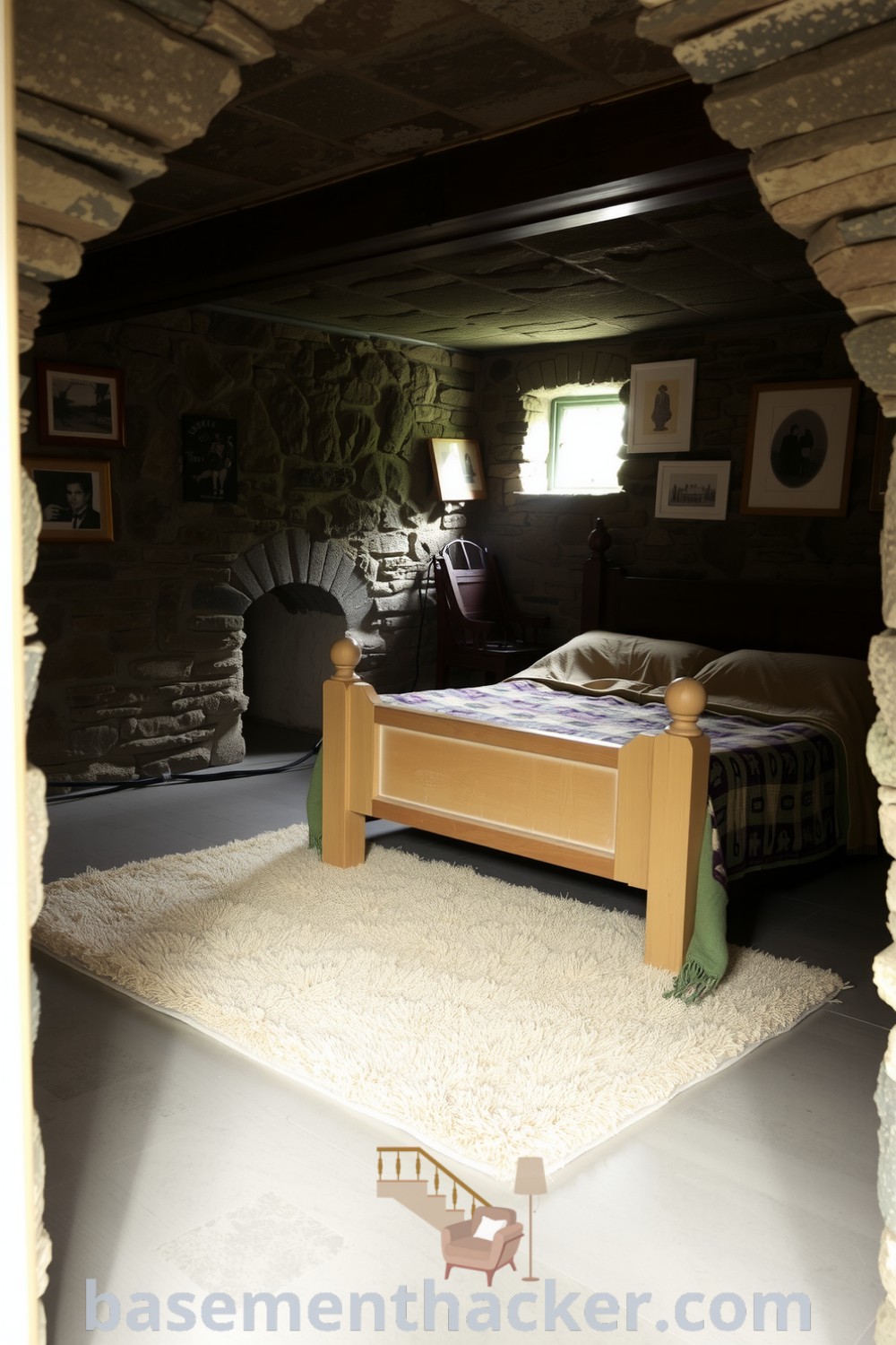 Inviting basement bedroom with exposed stone walls, a wooden bed frame, and vintage photographs, featuring a cozy atmosphere ideal for an Ultimate Entertaining experience, showcased on basementhacker.com.