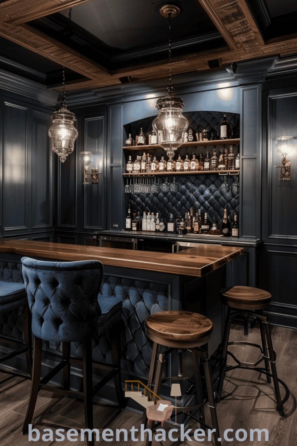 A cozy moody man cave bar with stools and bottles on rustic shelves, designed for ultimate entertaining. This stylish basement bar showcases innovative ideas for a whiskey lounge and speakeasy decor, perfect for family gatherings and intimate evenings. Explore more home bar inspirations at basementhacker.com.