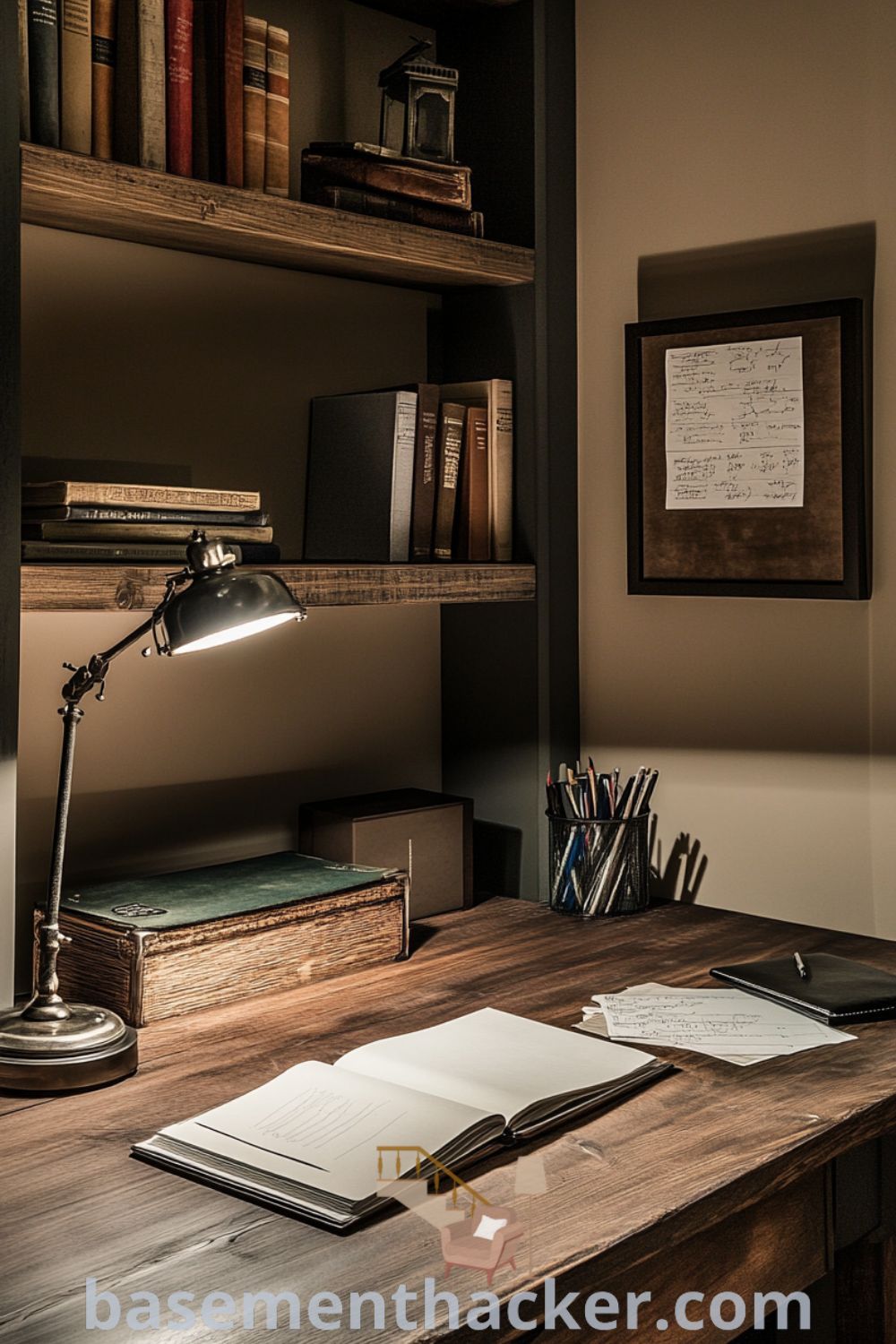 Warm and inviting basement office setup with a weathered wood desk, gentle lighting, and personal decor, perfect for productivity and introspection, highlighted on basementhacker.com.