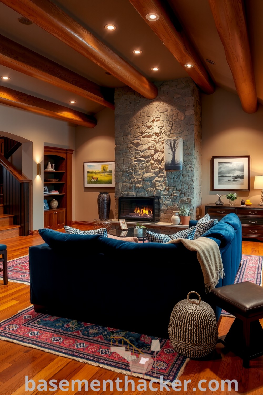 Elegant basement living room with a plush blue velvet sofa, warm wood beams, a modern fireplace, and curated art pieces, offering innovative ideas for designing a stylish bonus room on basementhacker.com.
