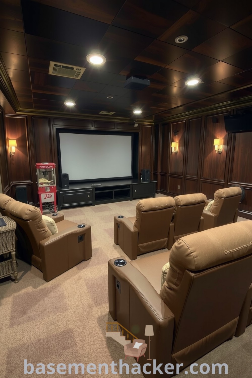 Spacious home theater in a basement featuring plush recliners, dark wood paneling, dimmable lights, and a vintage popcorn machine, creating a cozy atmosphere for ultimate entertaining, presented on basementhacker.com.