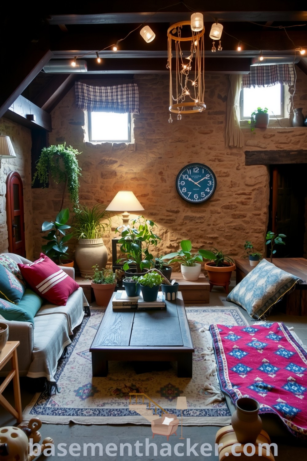 Colorful Bohemian basement living room featuring mismatched textiles, rustic stone walls, potted plants, and fairy lights, ideal for cozy gatherings and creative pursuits, presented on basementhacker.com.