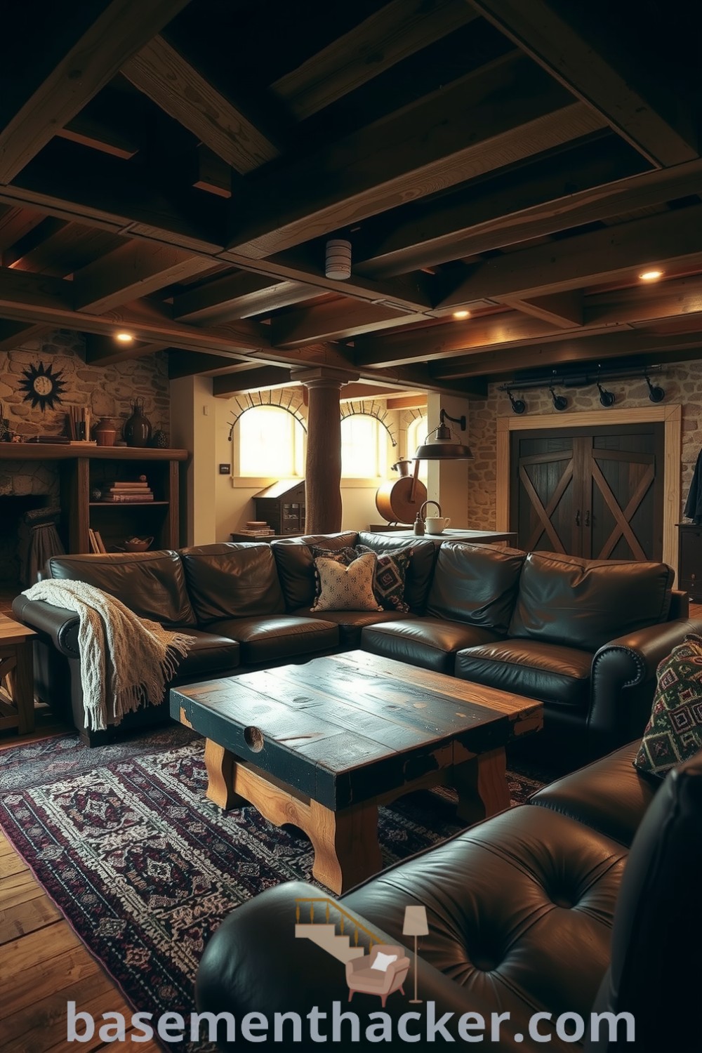 Rustic basement living room featuring exposed wooden beams, a leather couch, reclaimed wood coffee table, and nature-inspired decor, ideal for a cozy and organized home, highlighted on basementhacker.com.