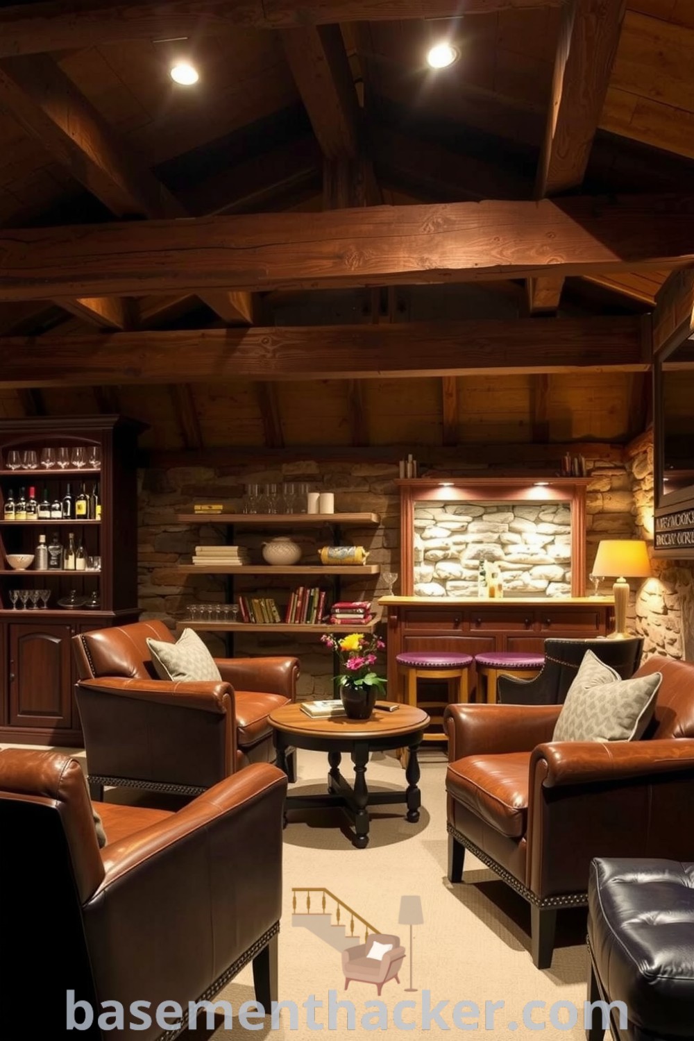 Rustic whiskey lounge with exposed wooden beams, stone walls, and a mahogany bar, featuring plush seating and soft lighting for ultimate entertaining, showcased on basementhacker.com.
