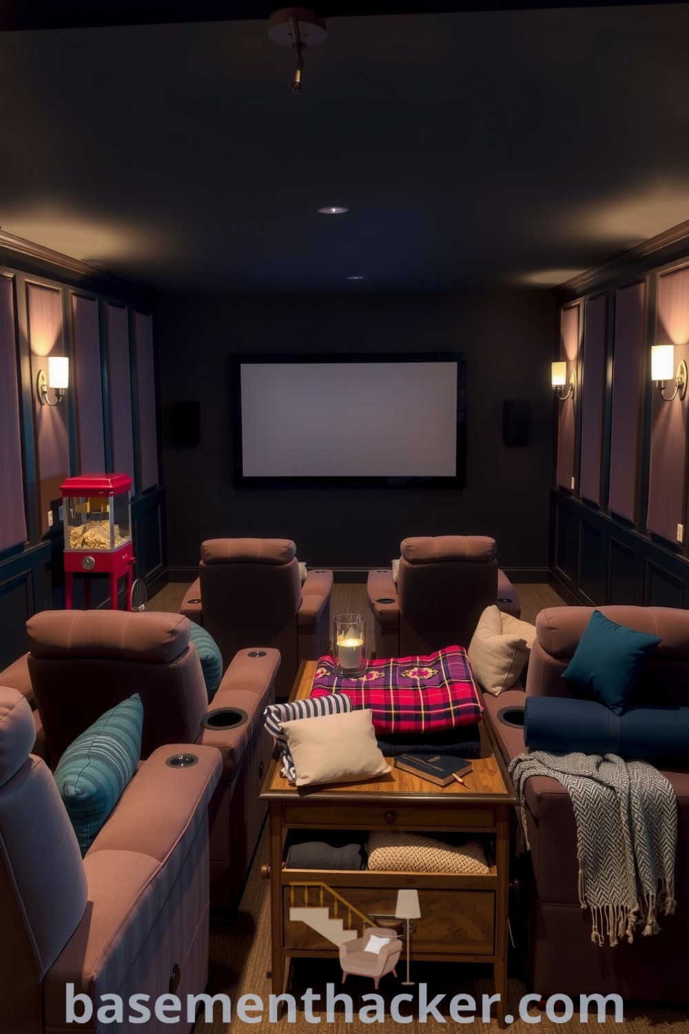 Plush basement cinema room with oversized recliners, a vintage popcorn machine, and acoustic panels, offering innovative ideas for designing a cozy and organized home featured on basementhacker.com.