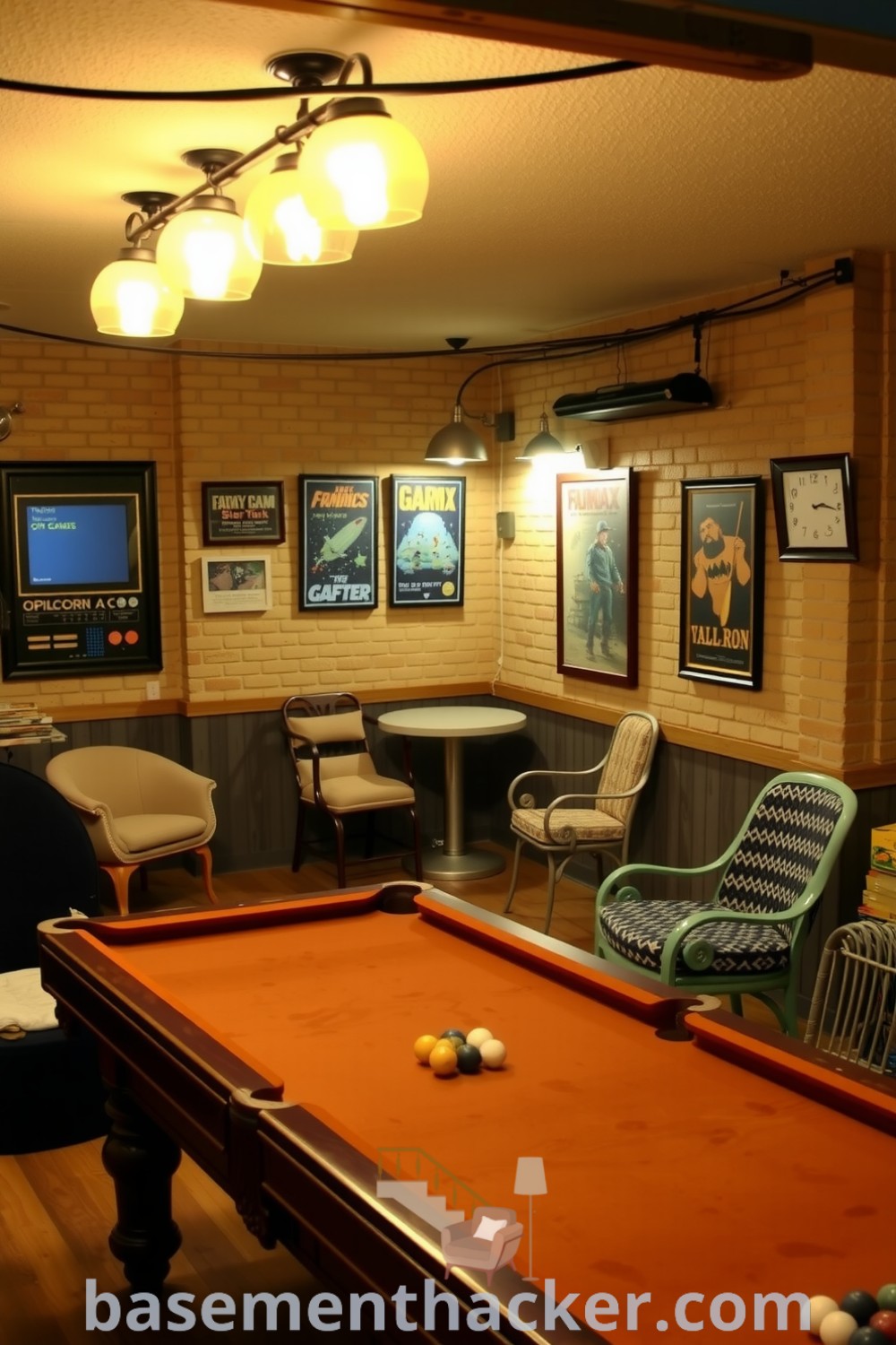 Rustic basement game space featuring a wooden pool table, vintage chairs, warm lighting, classic video game posters, and a cozy atmosphere, ideal for ultimate entertaining, showcased on basementhacker.com.