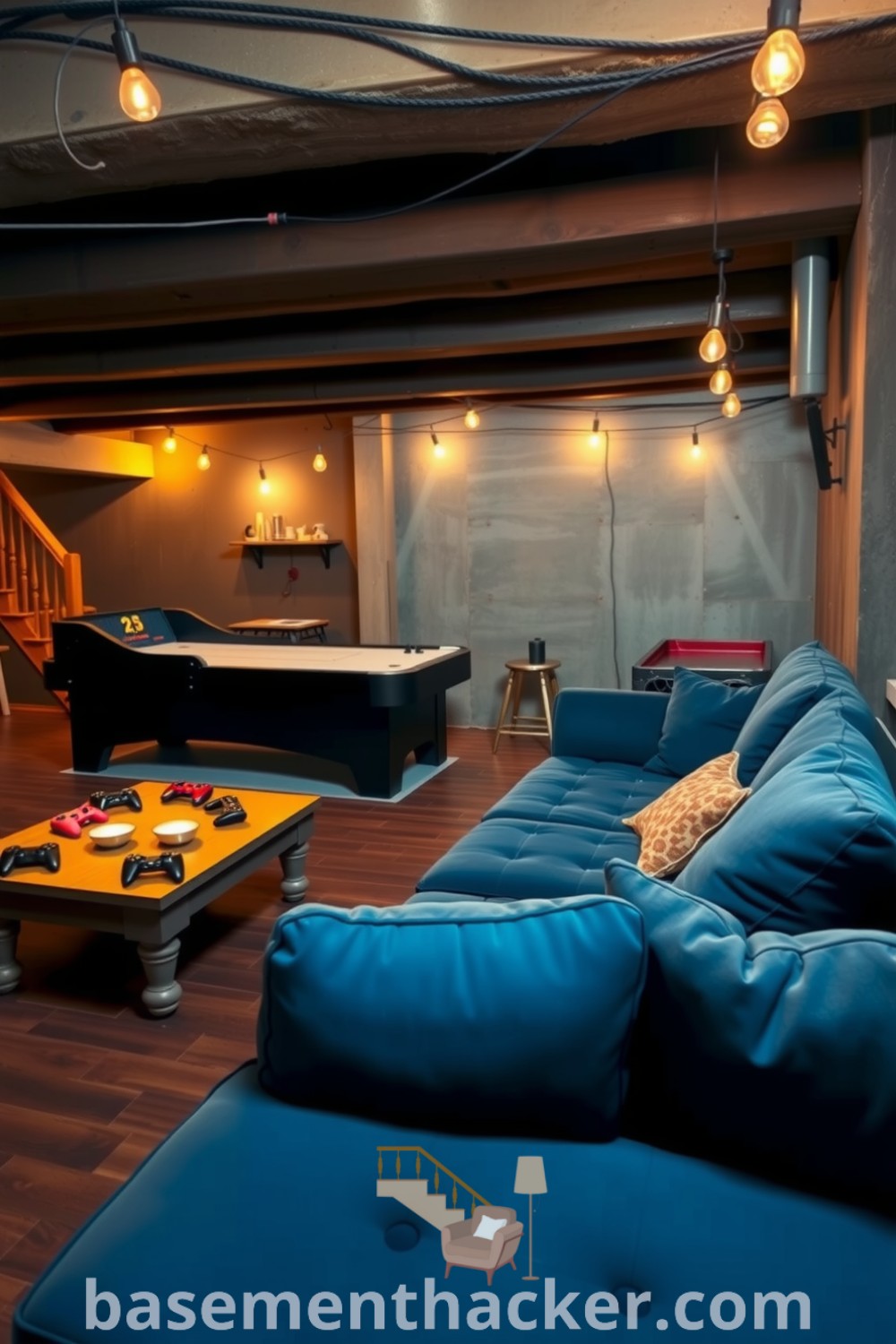 Inviting basement game room featuring a plush blue couch, rustic beam ceiling, shuffleboard table, and cozy ambiance with string lights, designed for ultimate entertaining, highlighted on basementhacker.com.