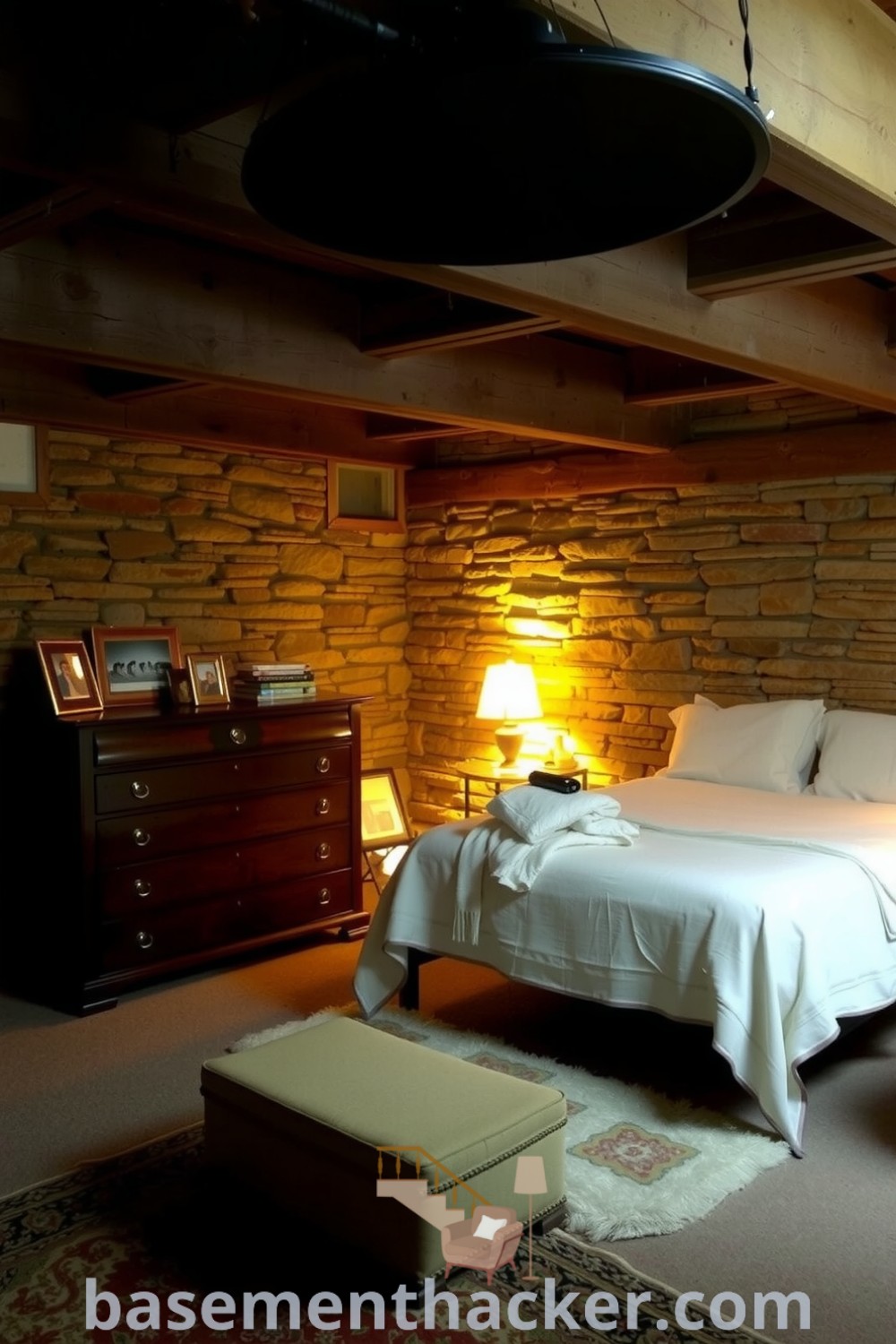 Cozy basement bedroom featuring a queen-sized bed, wooden dresser with a lamp, plush area rug, and personal decor like framed photos and books, providing innovative ideas for designing a stylish and functional home space, showcased on basementhacker.com.