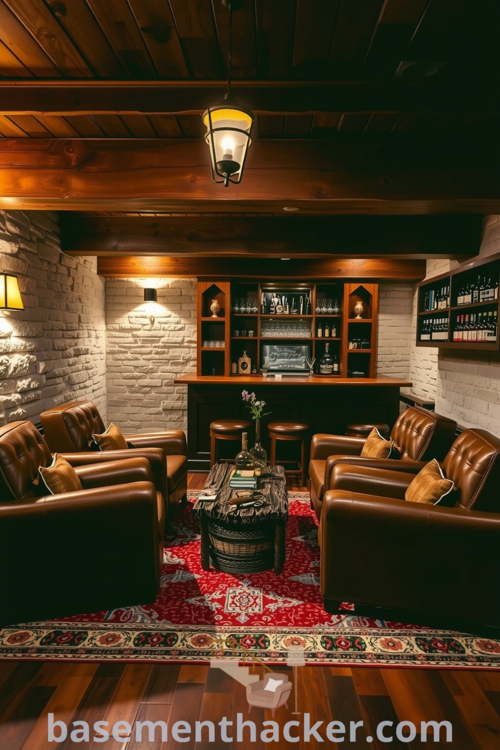 Elegant basement whiskey lounge featuring leather armchairs, rustic wooden coffee table, and textured stone walls, ideal for ultimate entertaining, showcased on basementhacker.com.