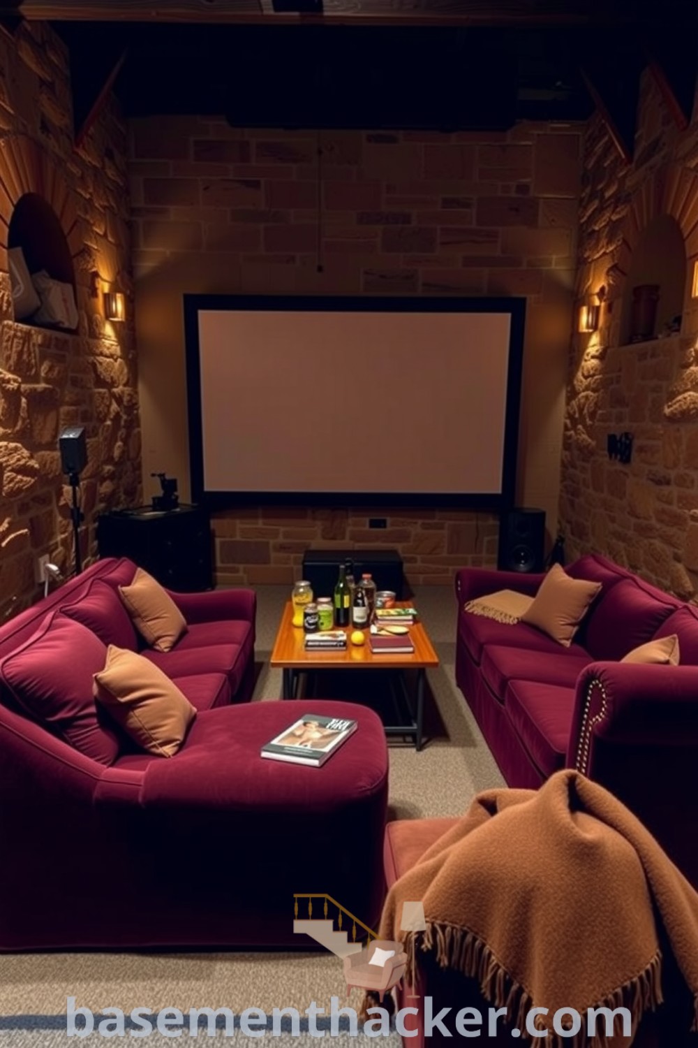Intimate movie night setup featuring a burgundy sofa, large screen, exposed stone walls, dimmable lighting, a wooden coffee table with snacks, and cozy blankets for ultimate entertaining, showcased on basementhacker.com.
