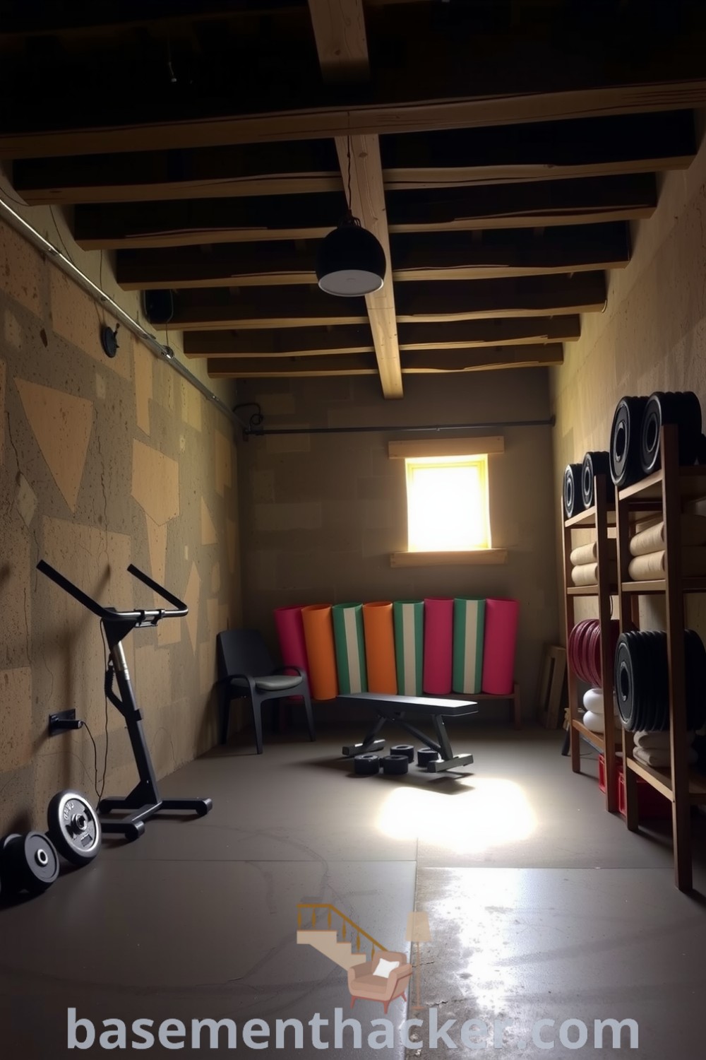 Well-designed basement gym featuring exposed wooden beams, concrete walls, free weights, yoga mats, and natural light, providing innovative ideas for designing a stylish and functional home, showcased on basementhacker.com.