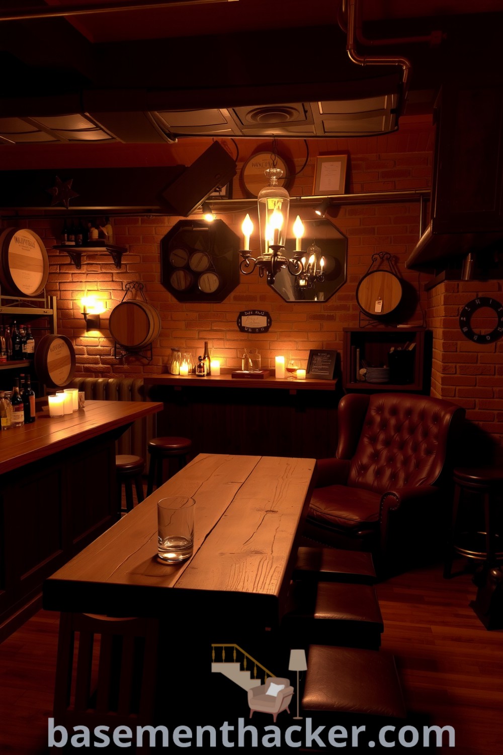 Inviting rustic whiskey lounge in a dimly lit basement featuring a weathered wooden bar, mismatched stools, vintage barrels, and flickering candles, ideal for ultimate entertaining and cozy gatherings, showcased on basementhacker.com.