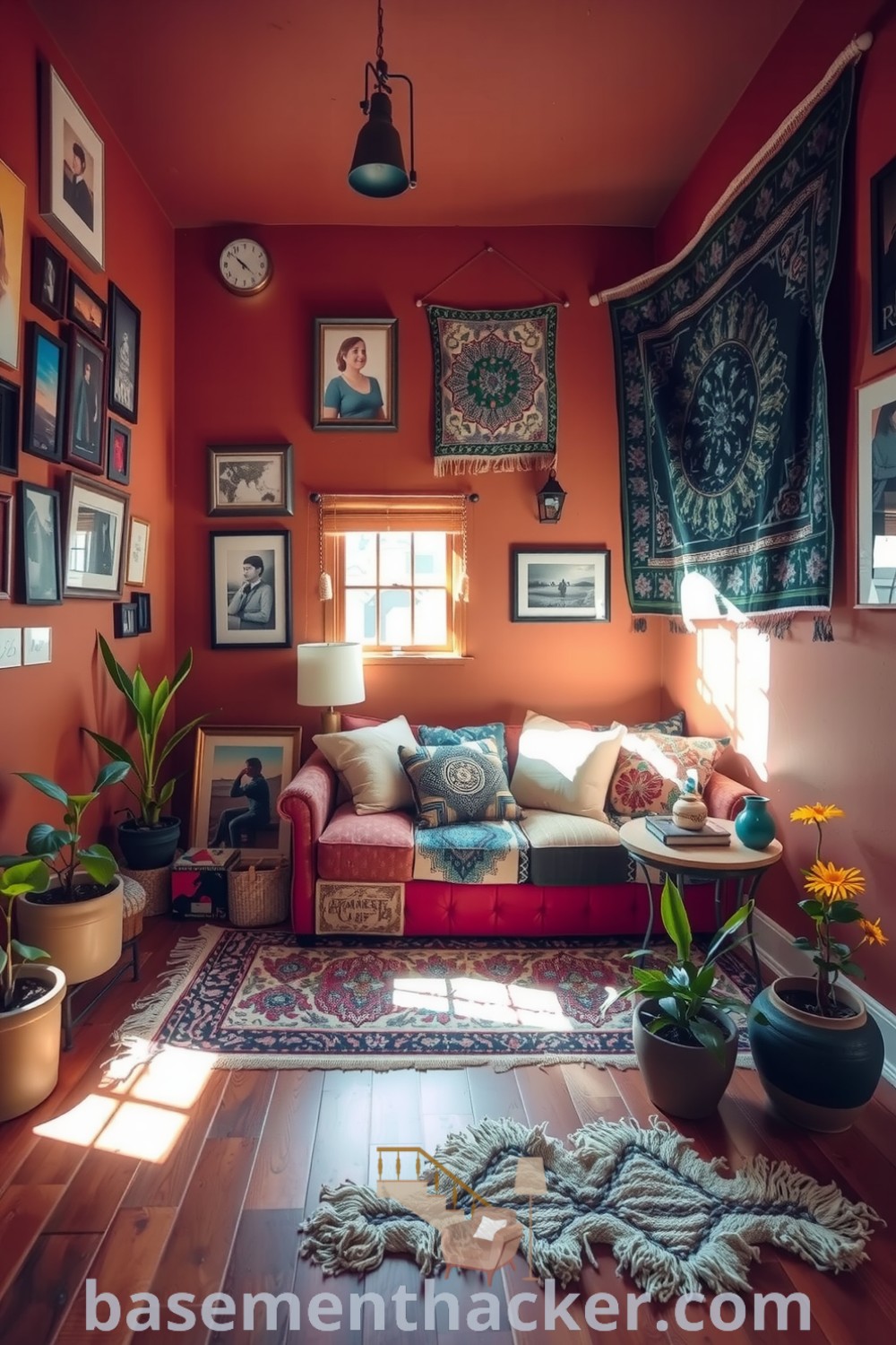 Charming Bohemian basement living room with vintage couch, patchwork throw pillows, eclectic artwork, and potted plants, showcasing innovative ideas for designing a stylish bonus space, featured on basementhacker.com.